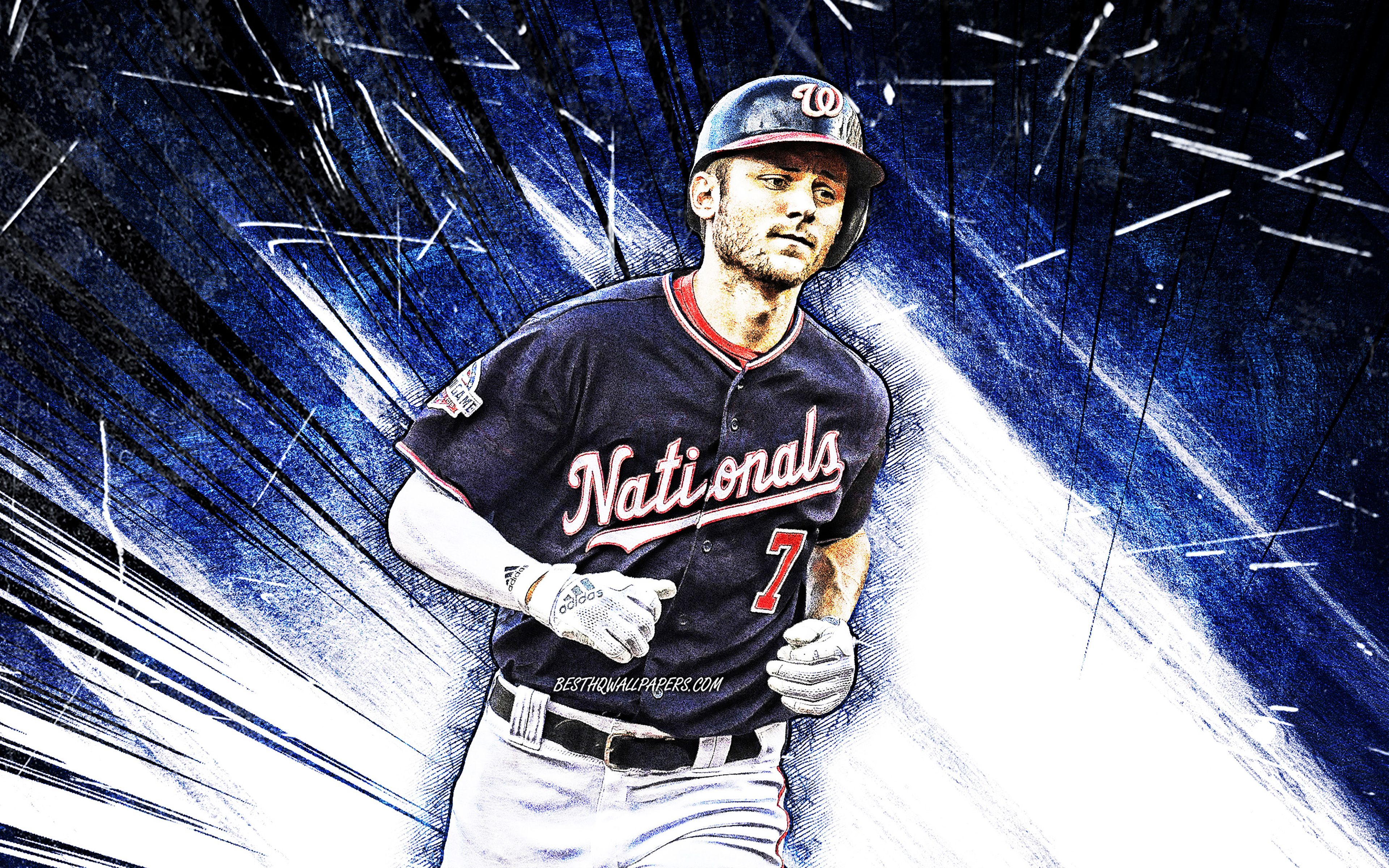 3840x2400 Download wallpaper 4k, Trea Turner, grunge art, MLB, Washington Nationals, shortstop, baseball, Trea Vance Turner, Major League Baseball, blue abstract rays, Trea Turner Washington Nationals, Trea Turner 4K for desktop with resolution