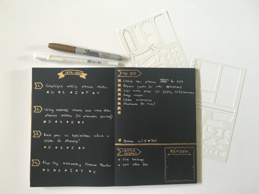 1024x768 Bullet journaling on black paper with white & gold pens
