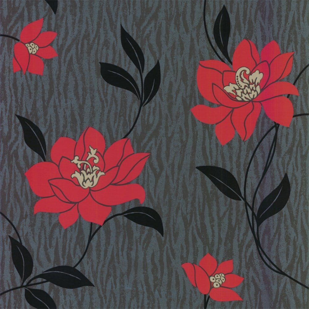 1000x1000 Zinnia Floral Wallpaper Red and Black from I Love Wallpaper UK