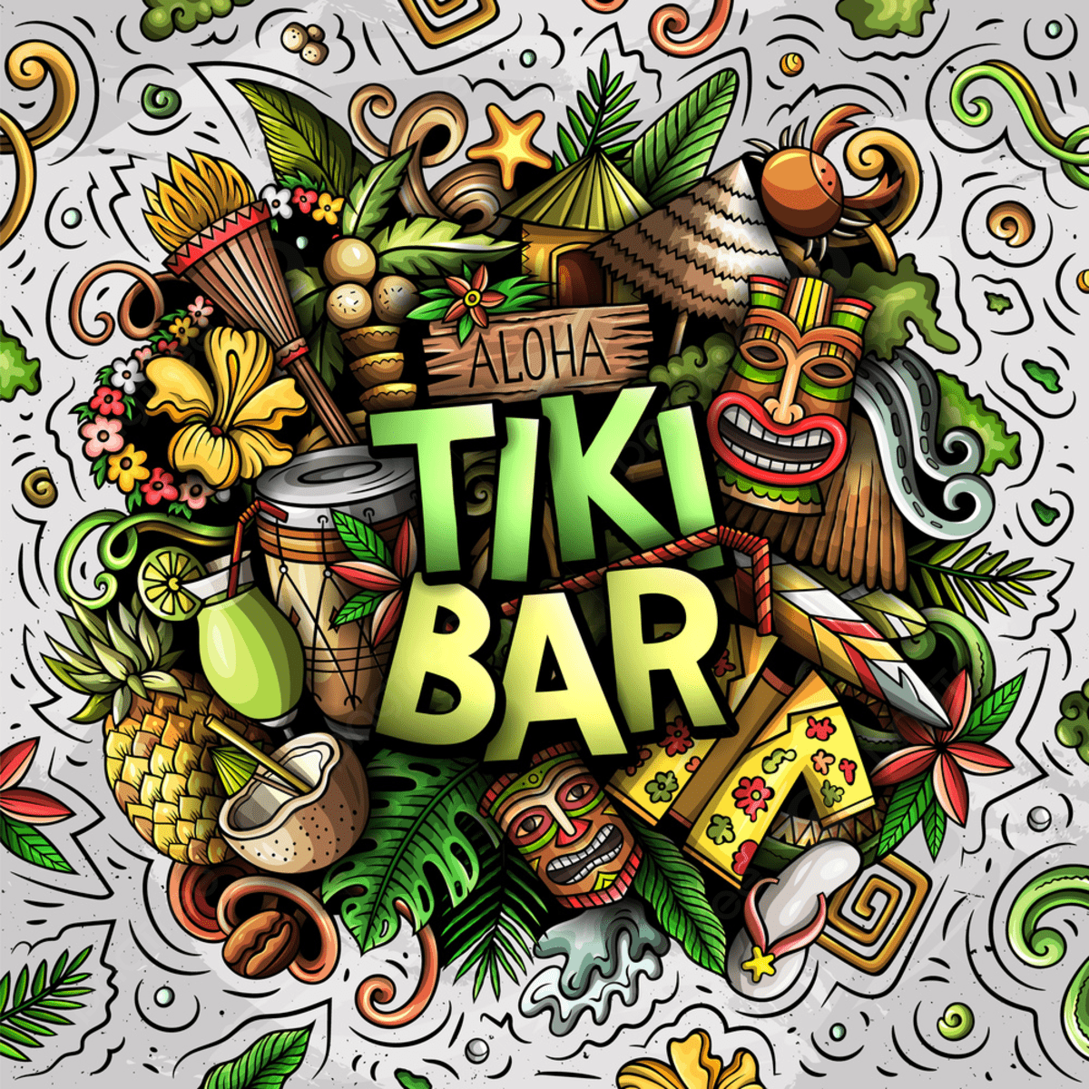 1200x1200 Tiki Bar Hand Drawn Cartoon Doodle Illustration Background, Tiki, Doodles, Lettering Background Image And Wallpaper for Free Download