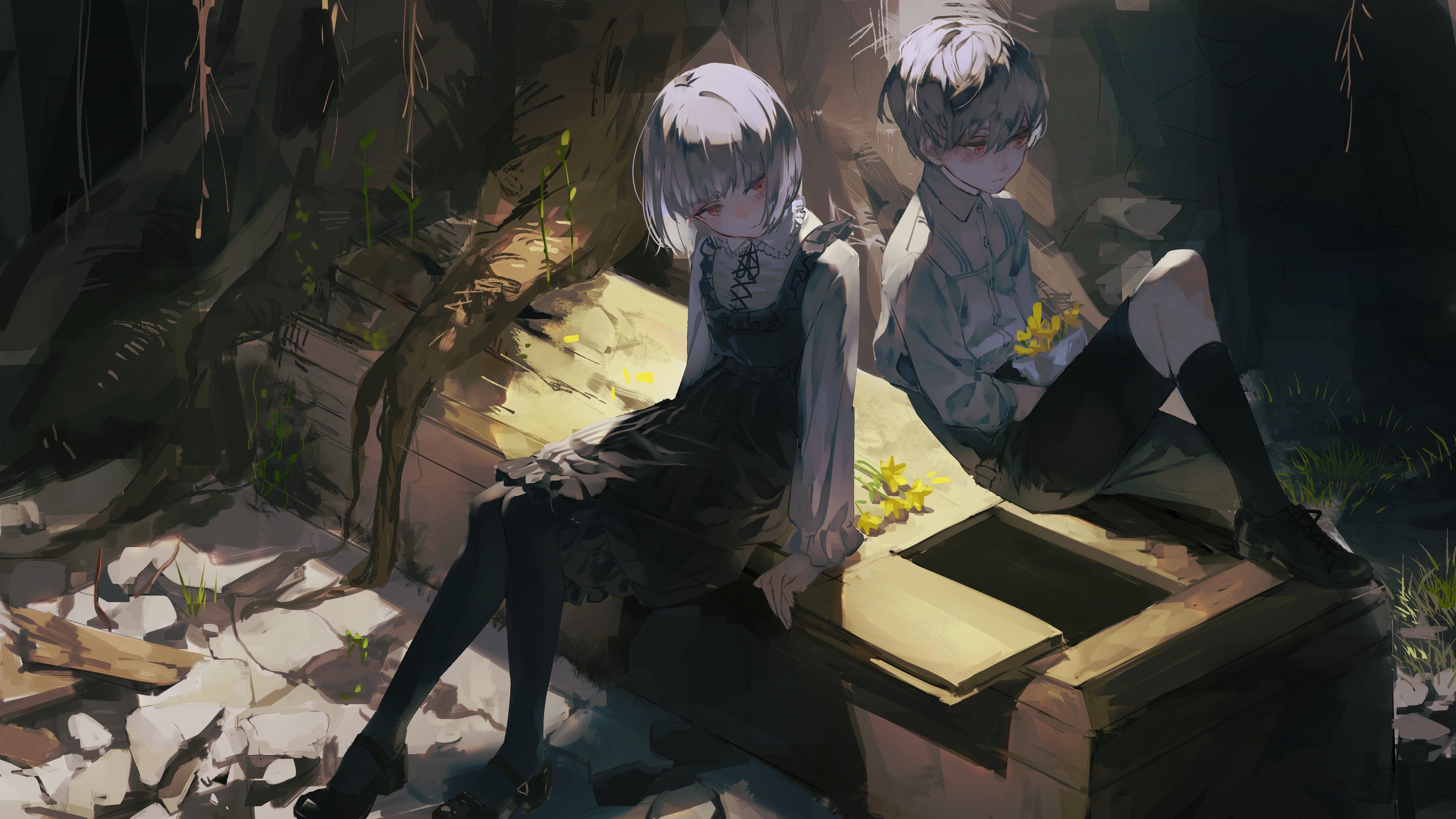 3840x2160 Children White Hair Tree Trunk Red Eyes Syokumura Anime Girls Anime Boys Flowers Sitting Wallpaper:3840x2160