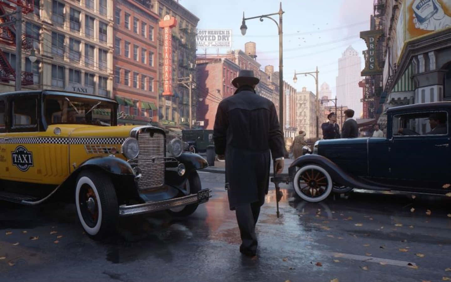 1440x900 Download A Man Walking Down A Street With A Car