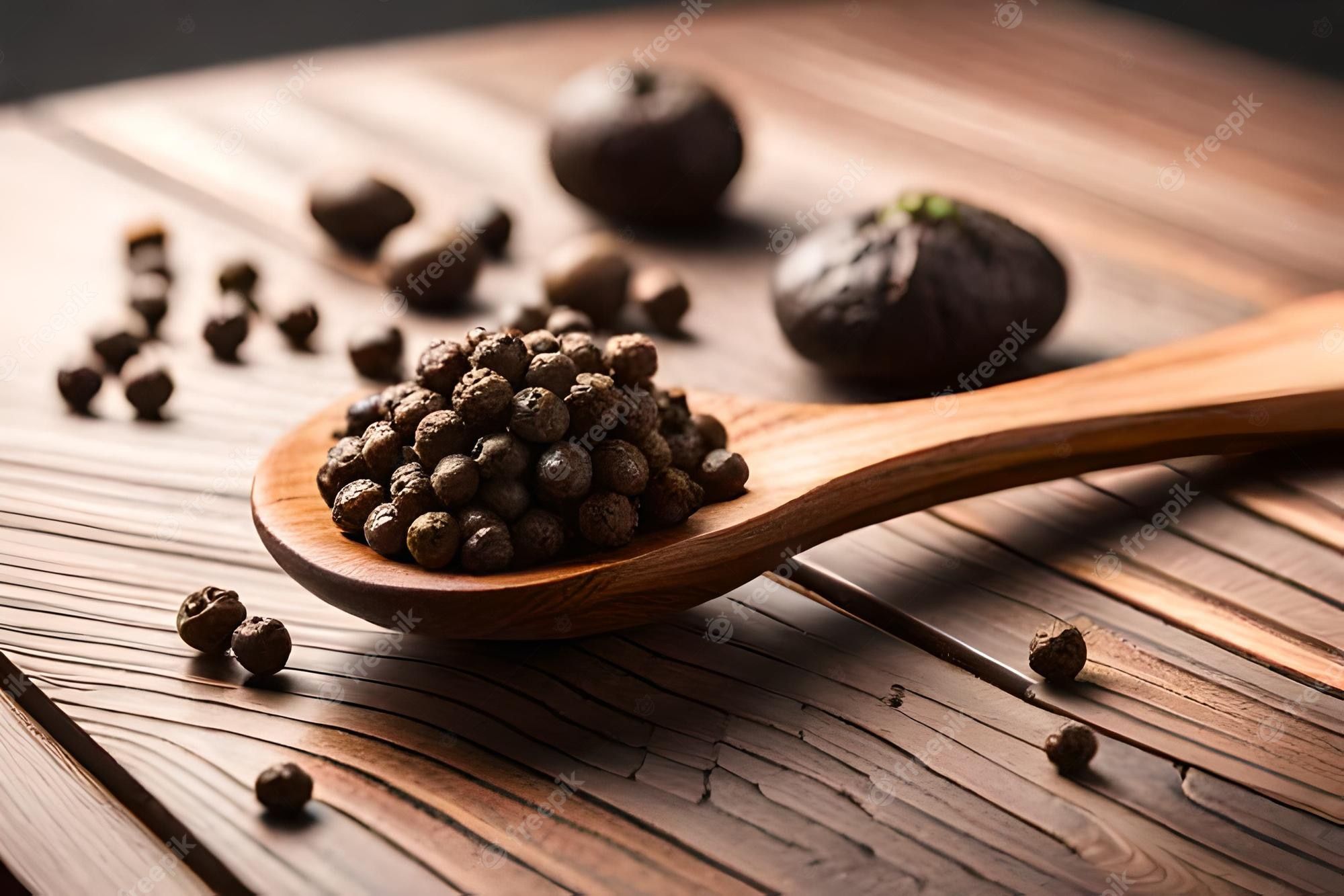 2000x1333 Premium Photo. Whole black pepper on wooden spoon
