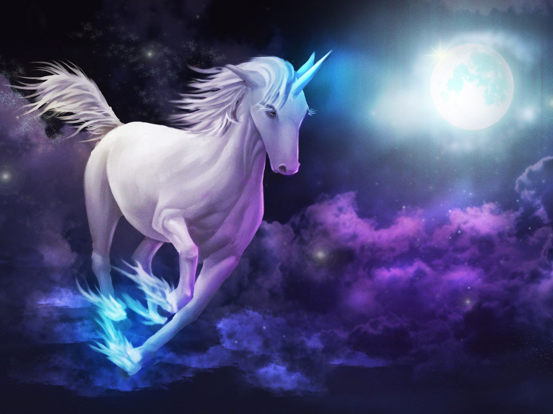 1920x1440 Unicorn Galloping Sky Clouds Full Moon Desktop Wallpaper HD For Mobile Phones And Laptops :