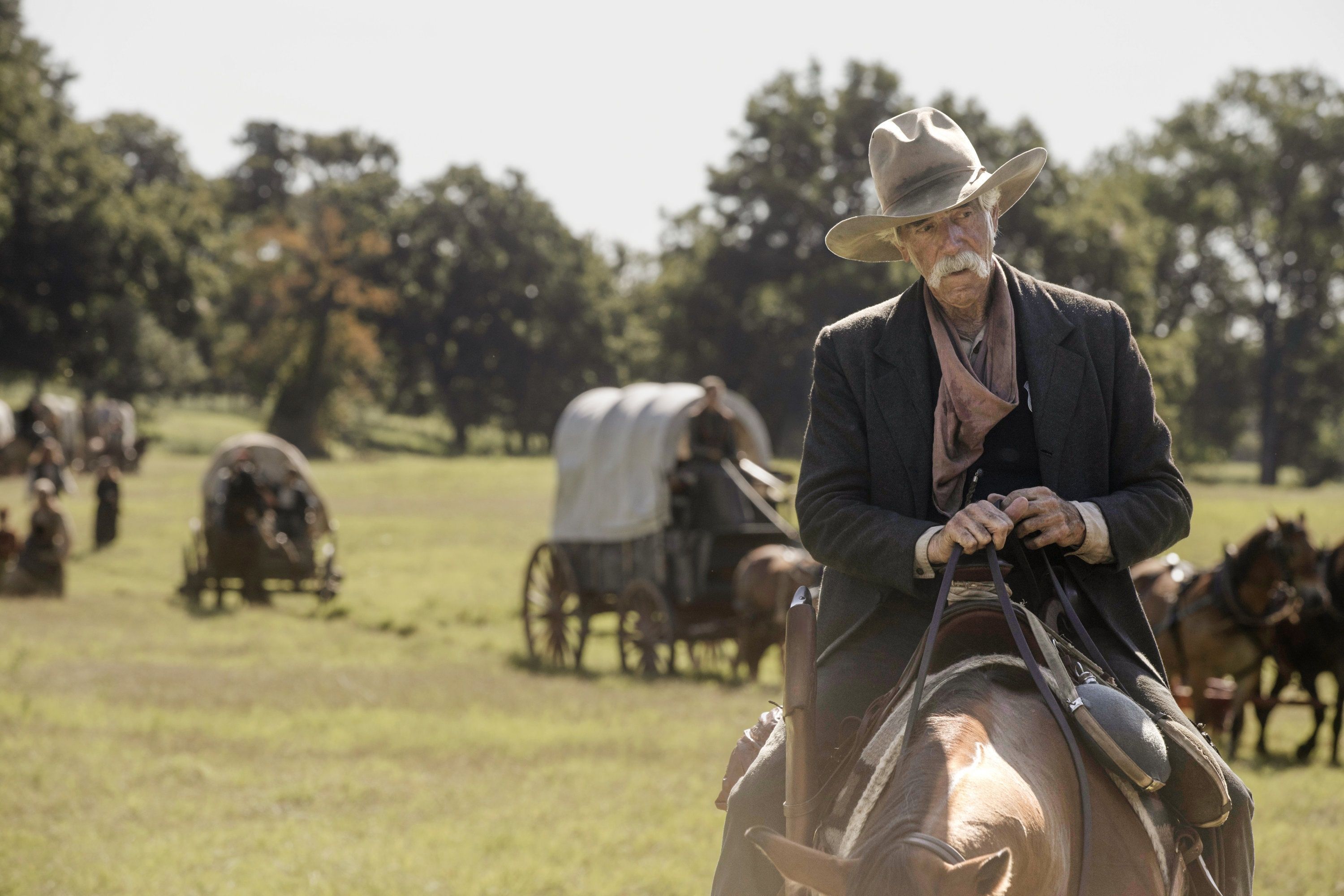 3000x2000 Sam Elliott On Horseback With Wagons In The Background HD Wallpaper