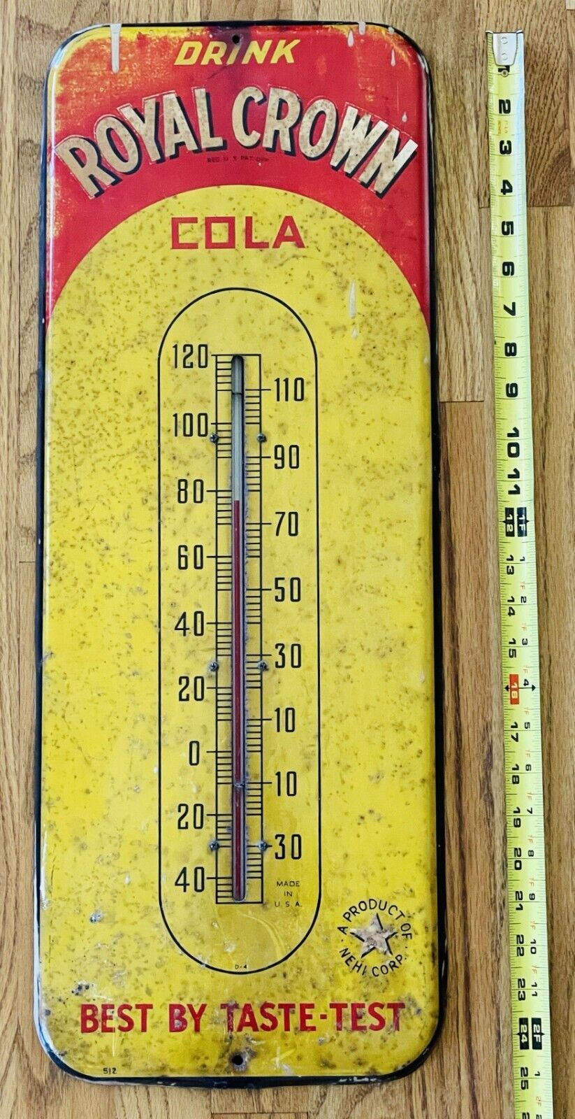 823x1600 VTG ORIGINAL 1940&;S DRINK RC ROYAL CROWN COLA THERMOMETER SIGN 25&; X 10 NEHI Red