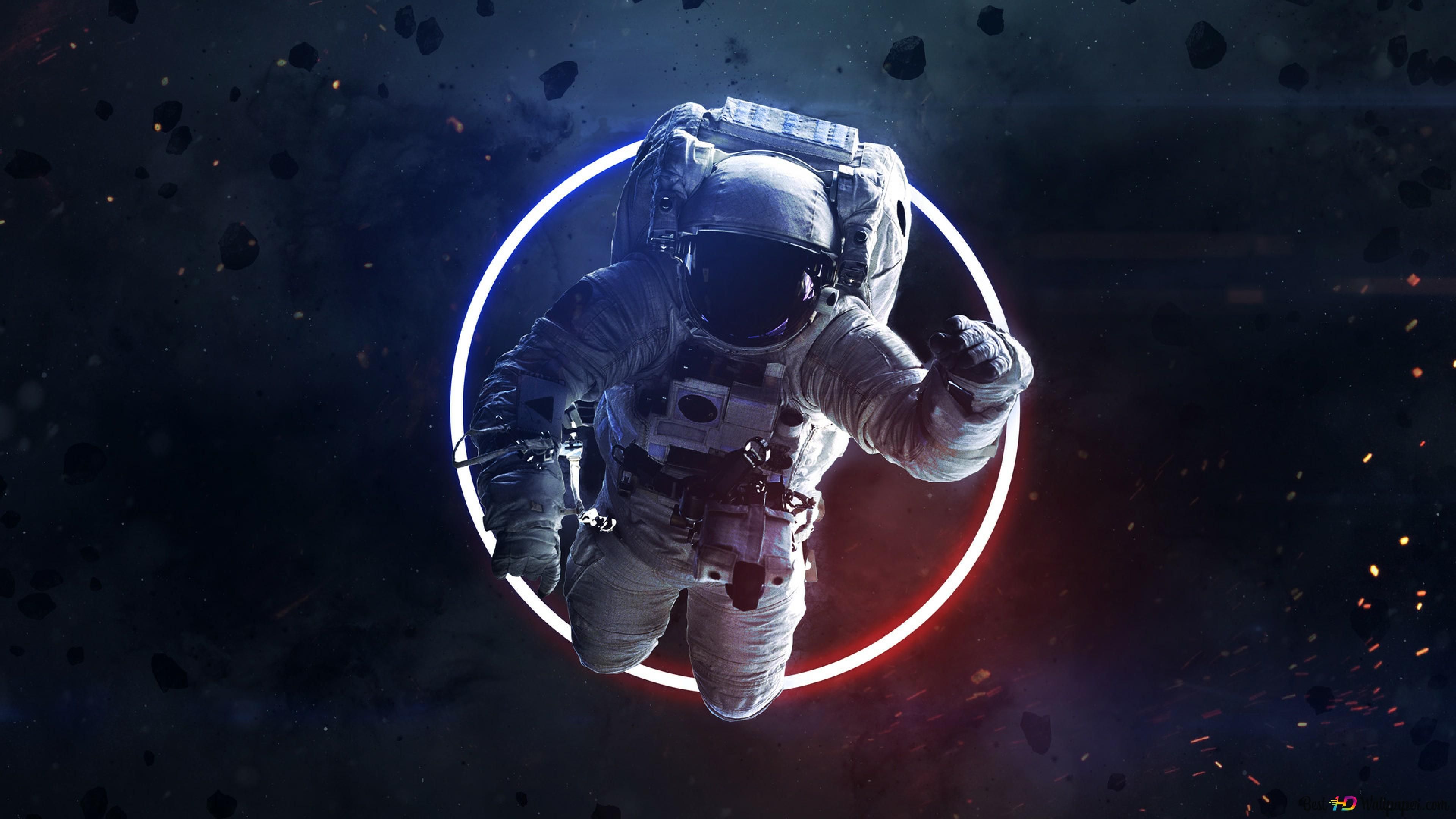 3840x2160 Astronaut passing through neon ring 4K wallpaper download