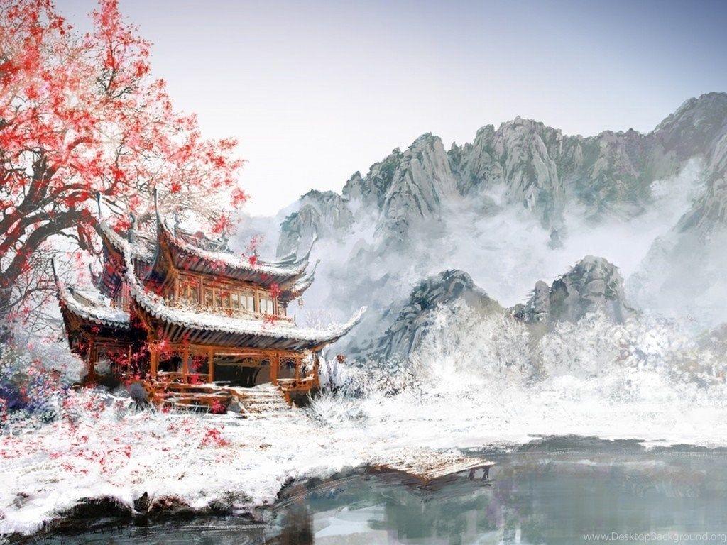 1024x768 Japanese House And Cherry Tree Drawing Desktop Background