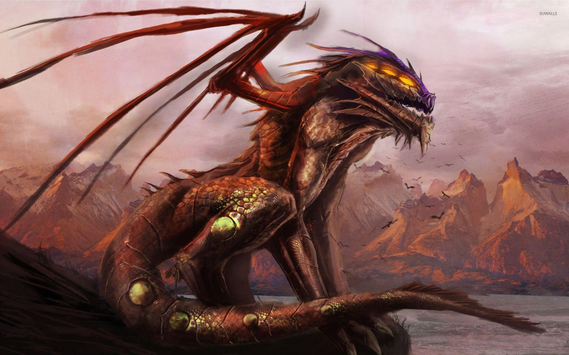 1920x1200 Scary dragon on the cliff wallpaper. Mythical creatures