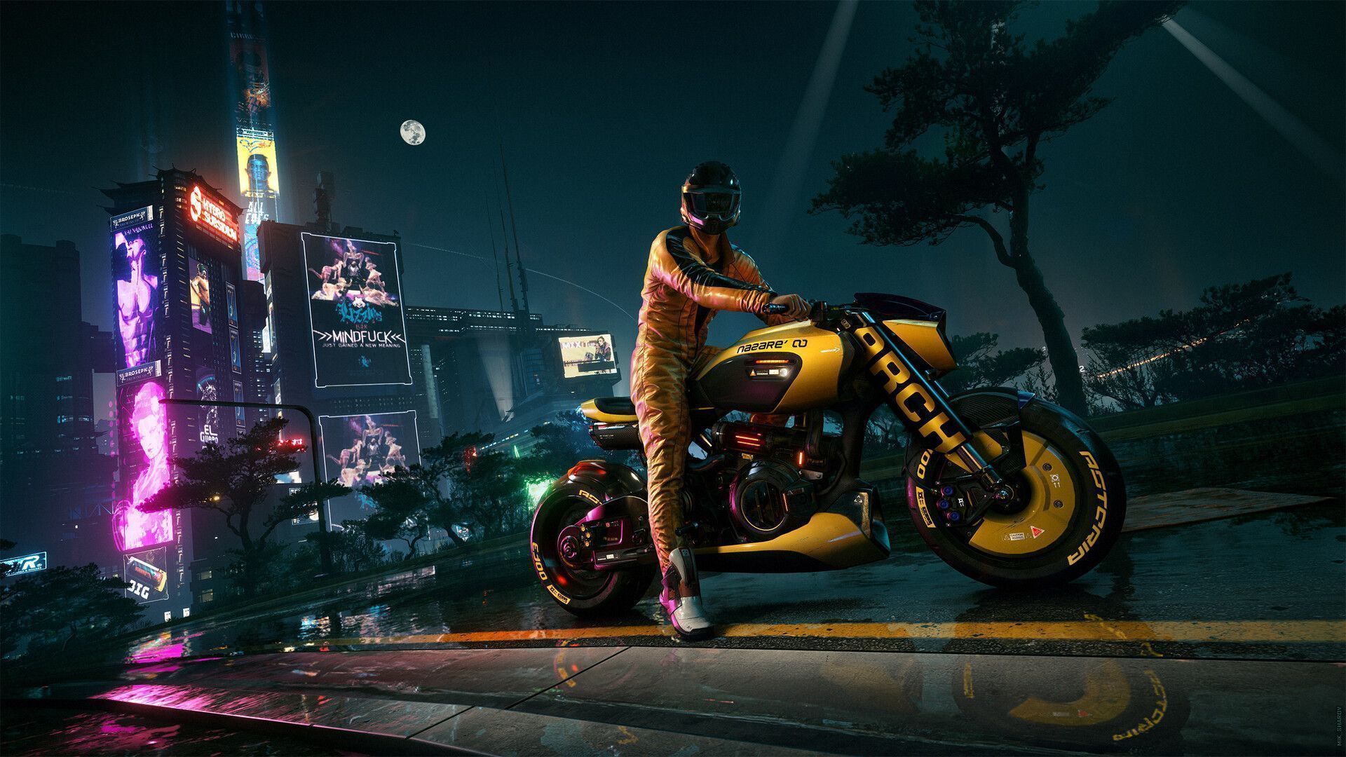 1920x1080 Wallpaper Mikhail Sharov, Cyberpunk Tire, Wheel, Automotive Lighting, Background Free Image