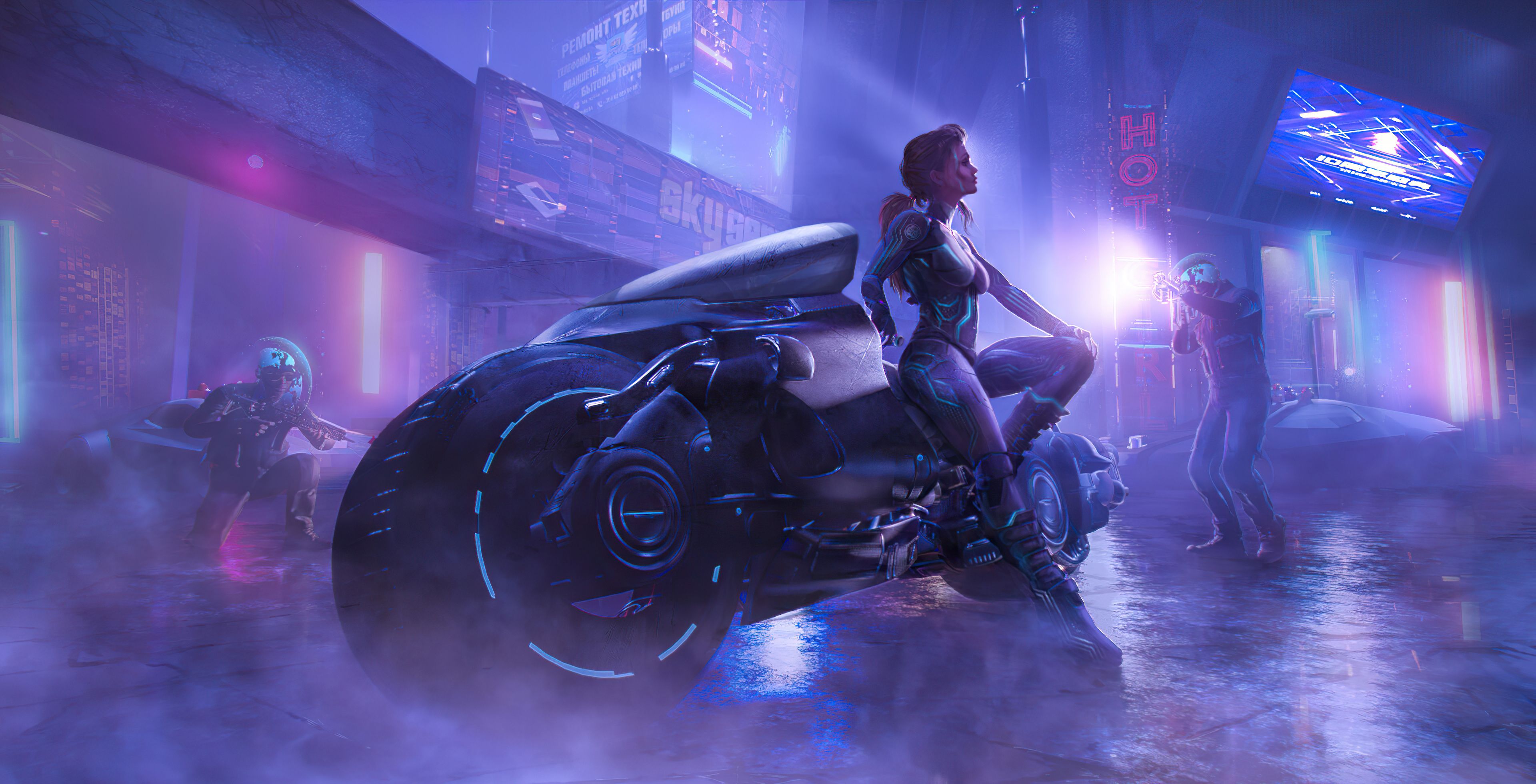 3840x1960 HD desktop wallpaper: Cyberpunk, Motorcycle, Sci Fi, Futuristic download free picture