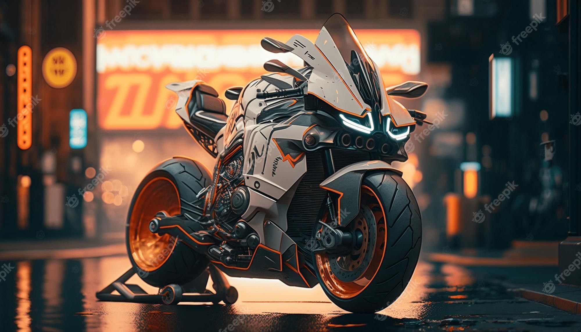 2000x1143 Premium Photo. Futuristic Sci Fi Cyberpunk Sports Bike Motorcycle With Neon Lights. Digital Illustration