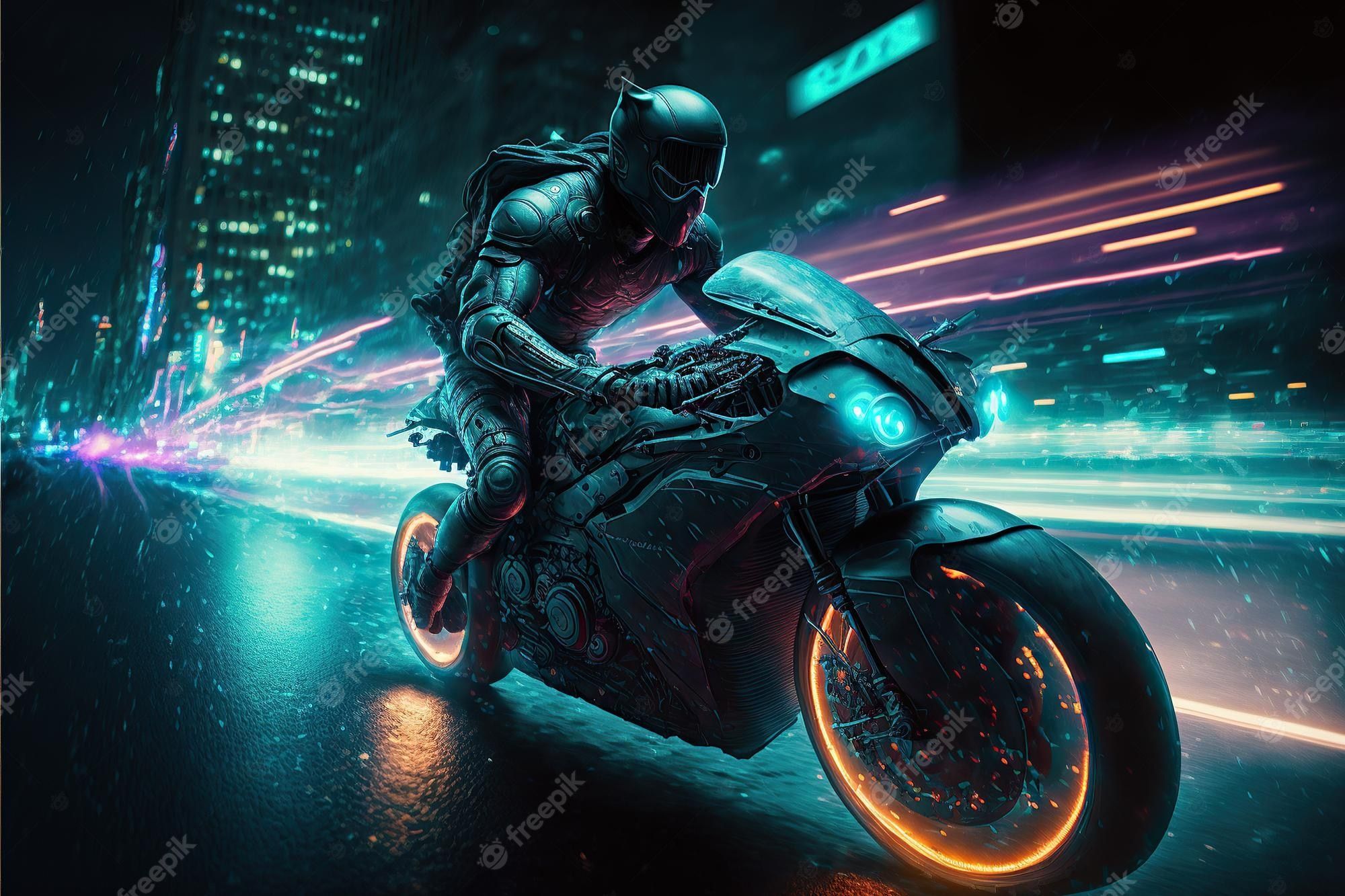 2000x1333 Premium Photo. Riding futuristic sport motorcycle in a night city, cyberpunk motorcycle background