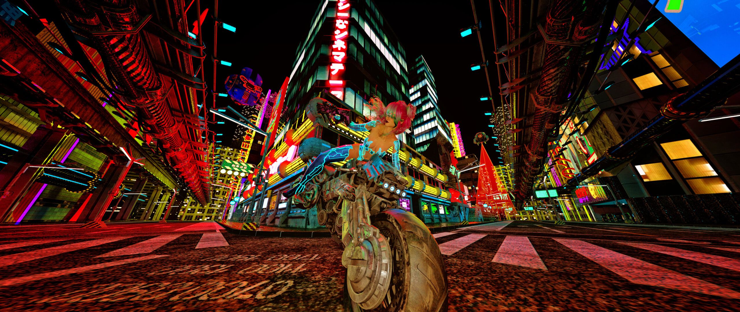 2560x1080 Cyberpunk Bike Ride 3D Desktop HD Wallpaper