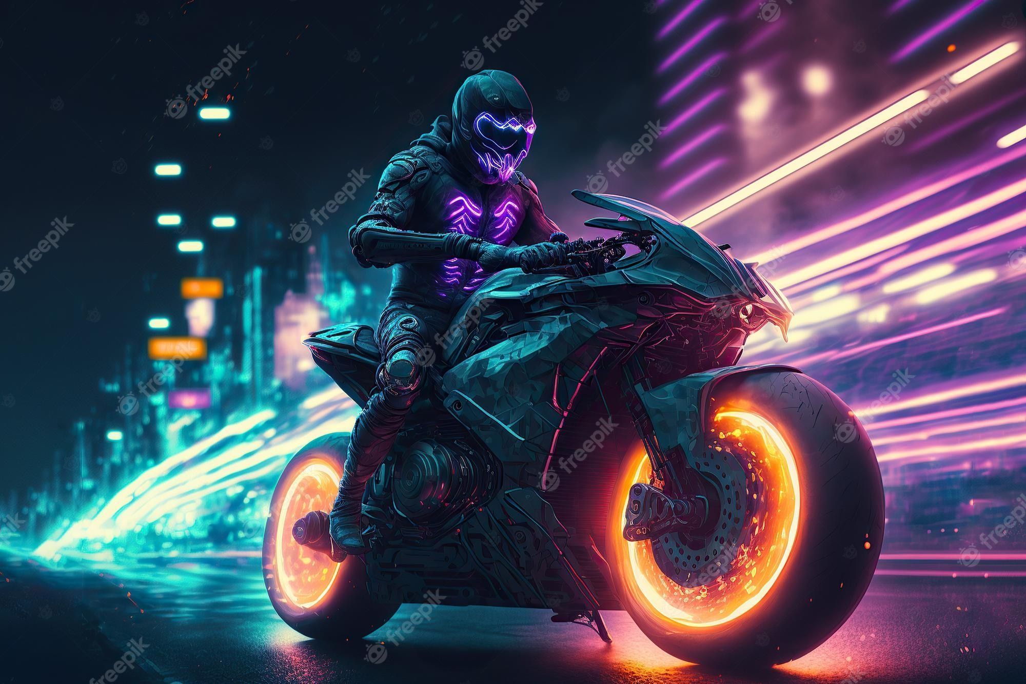 2000x1333 Premium Photo. Riding futuristic sport motorcycle in a night city, cyberpunk motorcycle background
