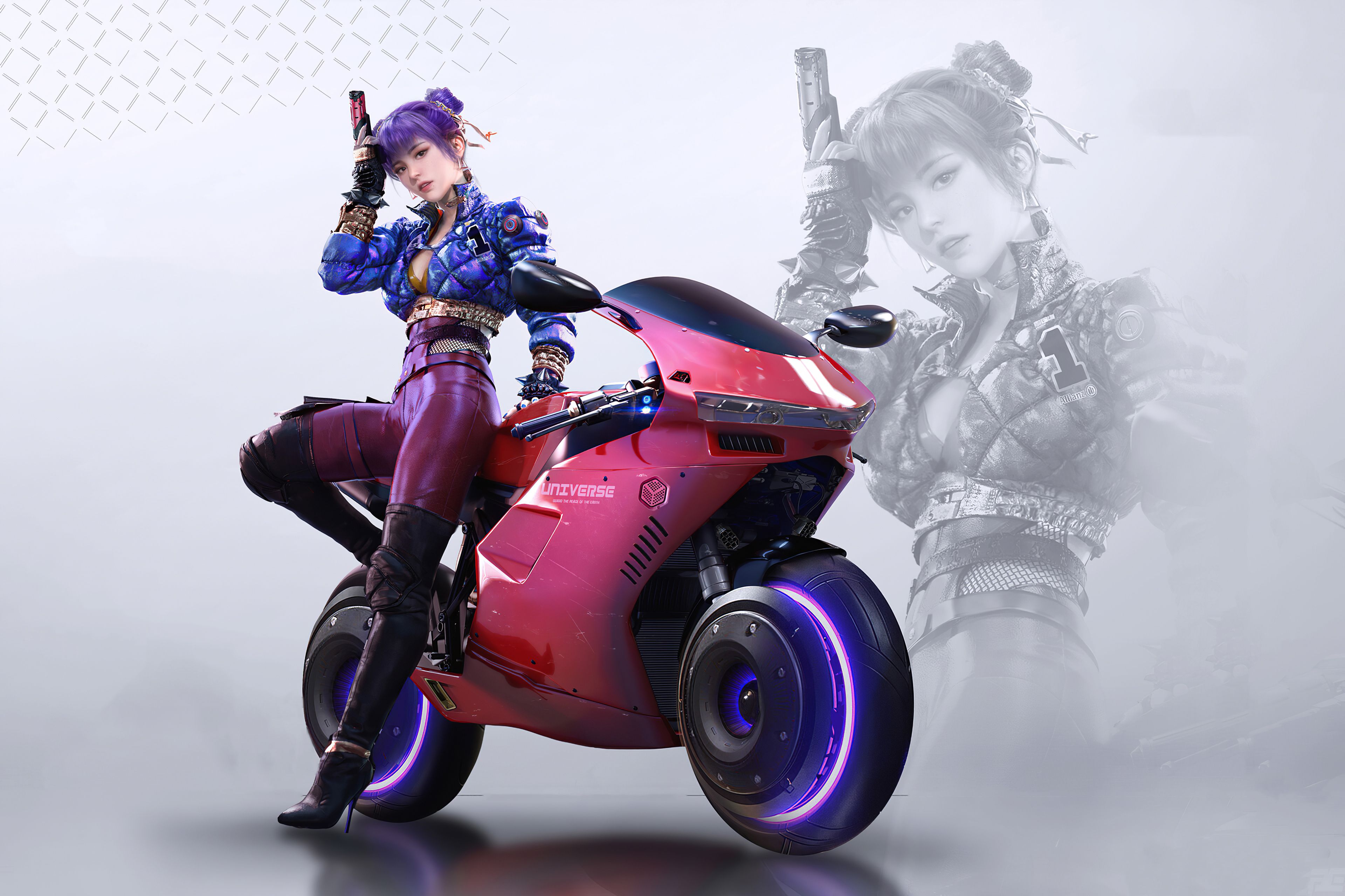 3840x2560 HD desktop wallpaper: Cyberpunk, Motorcycle, Sci Fi, Vehicle, Purple Hair download free picture