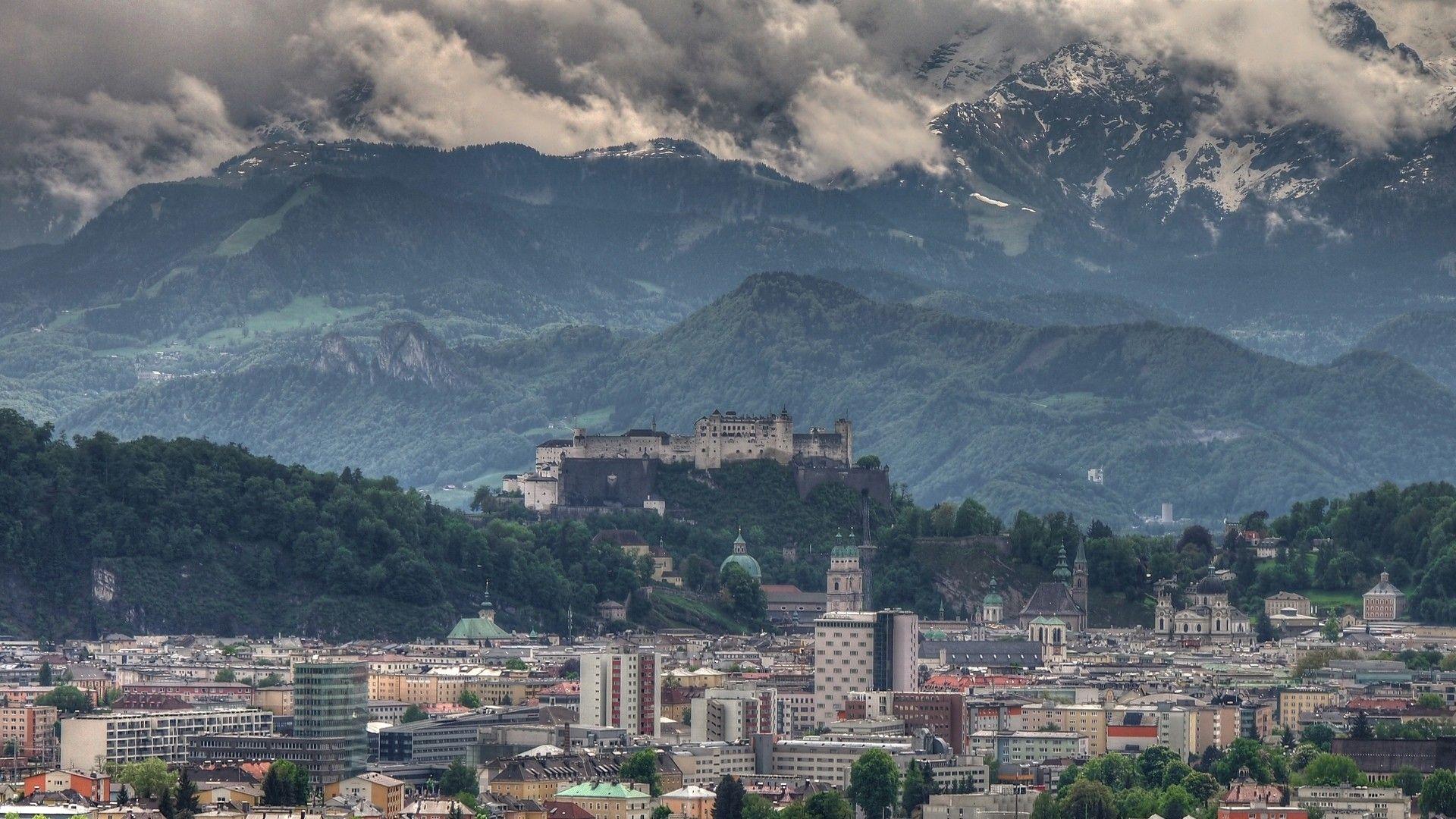 1920x1080 Mountains: Austria Salzburg Vity Mountains City Castle Clouds