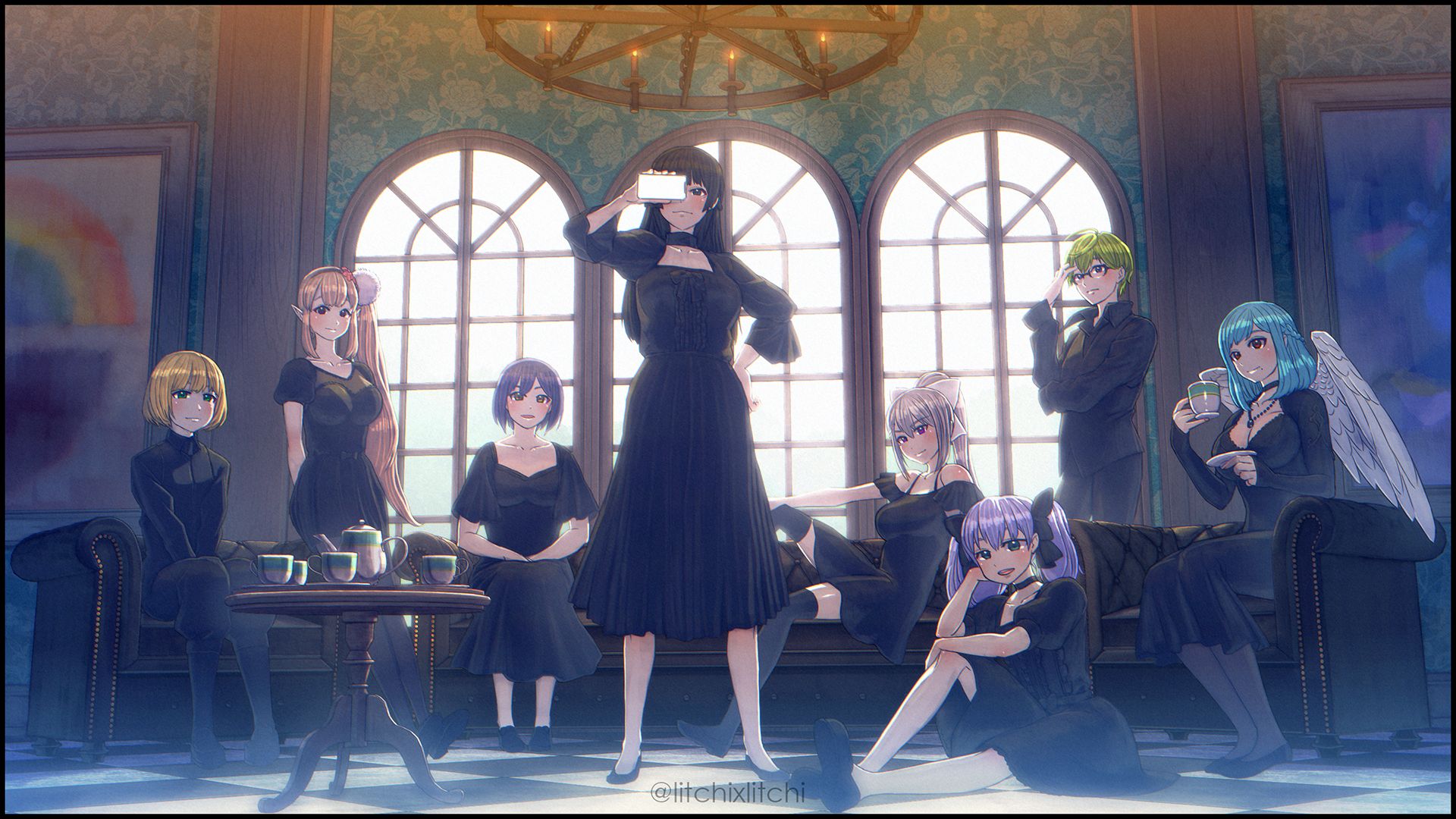 1920x1080 tsukino mito, higuchi kaede, shizuka rin, yuuki chihiro, elu, and 3 more ( nijisanji) drawn by raichi_(litchixlitchi)