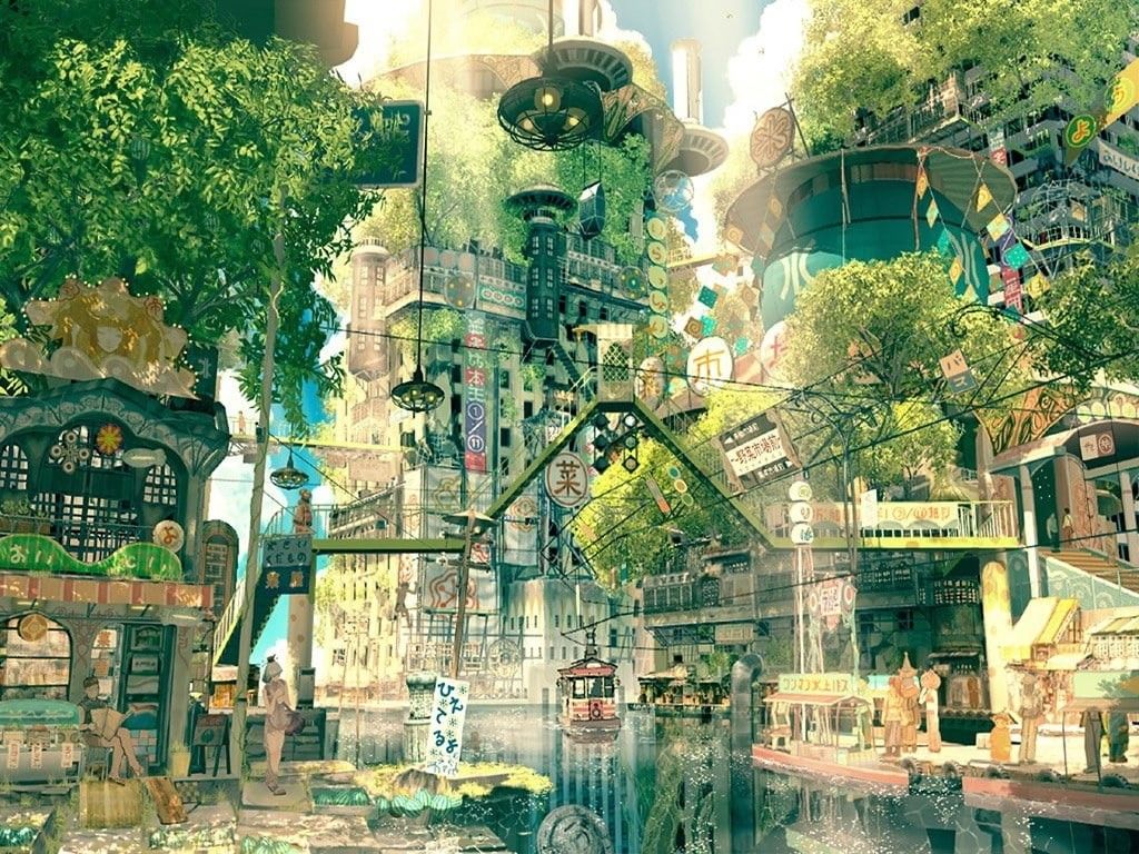 1024x768 Wallpaper / digital art japan fantasy art city street trees imperial boy, 480P free download