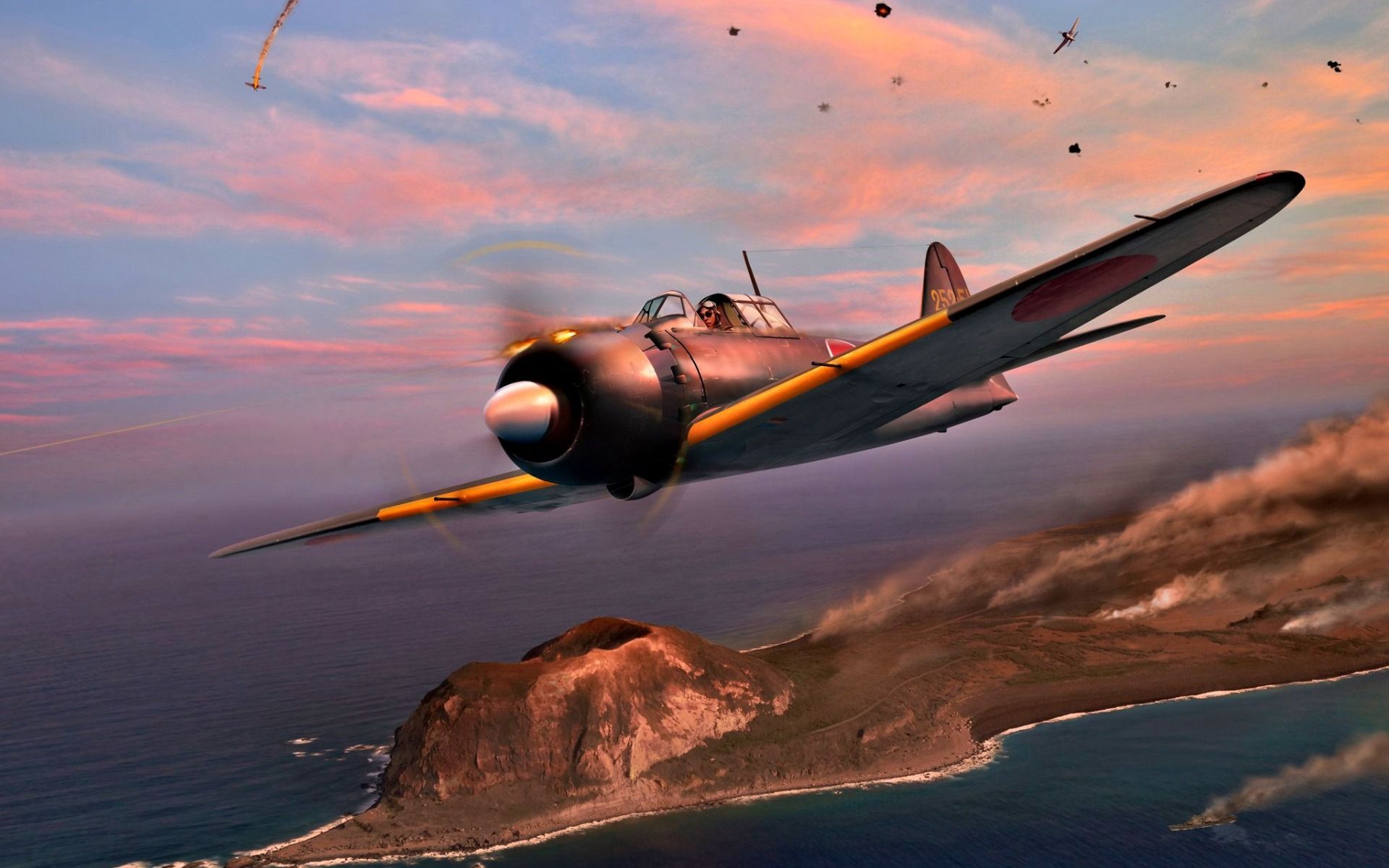 1920x1200 Download wallpaper Mitsubishi A6M Zero, A6M military aircraft, sunset, fighter, Imperial Japan Navy, World War II, Japan for desktop with resolution 1920x1200. High Quality HD picture wallpaper