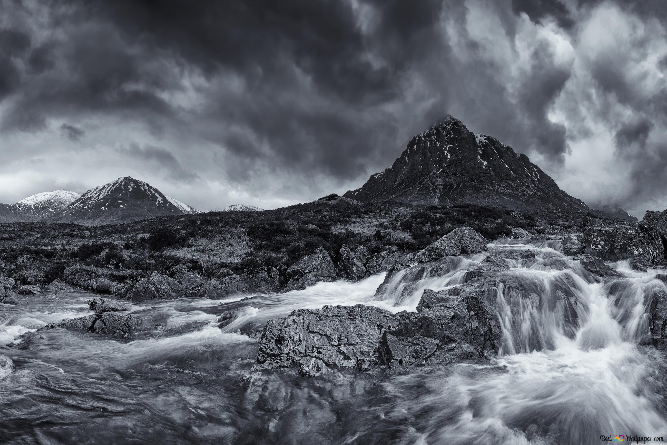 2736x1824 Water flowing through rocks under black rain clouds 8K wallpaper download