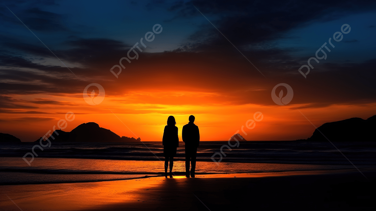 1200x673 Two People Standing At The Beach Near The Sunset In Silhouette Background, Beautiful Sunset Sky And Lovers, HD Photography Photo Background Image And Wallpaper for Free Download