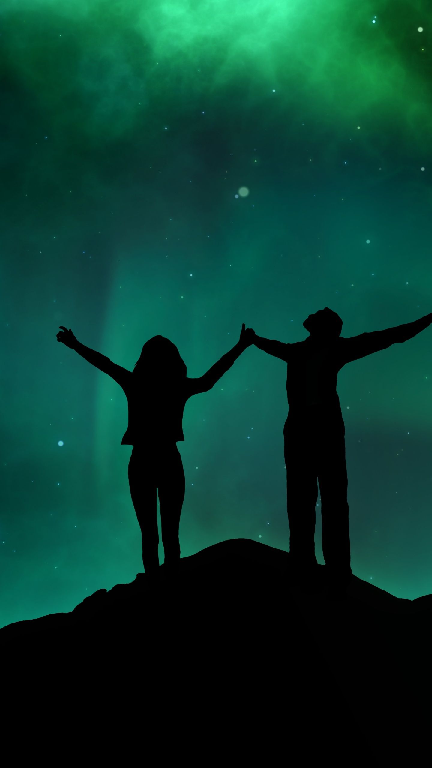 1440x2560 Love couple Wallpaper 4K, Silhouette, Aurora sky, Night, 5K