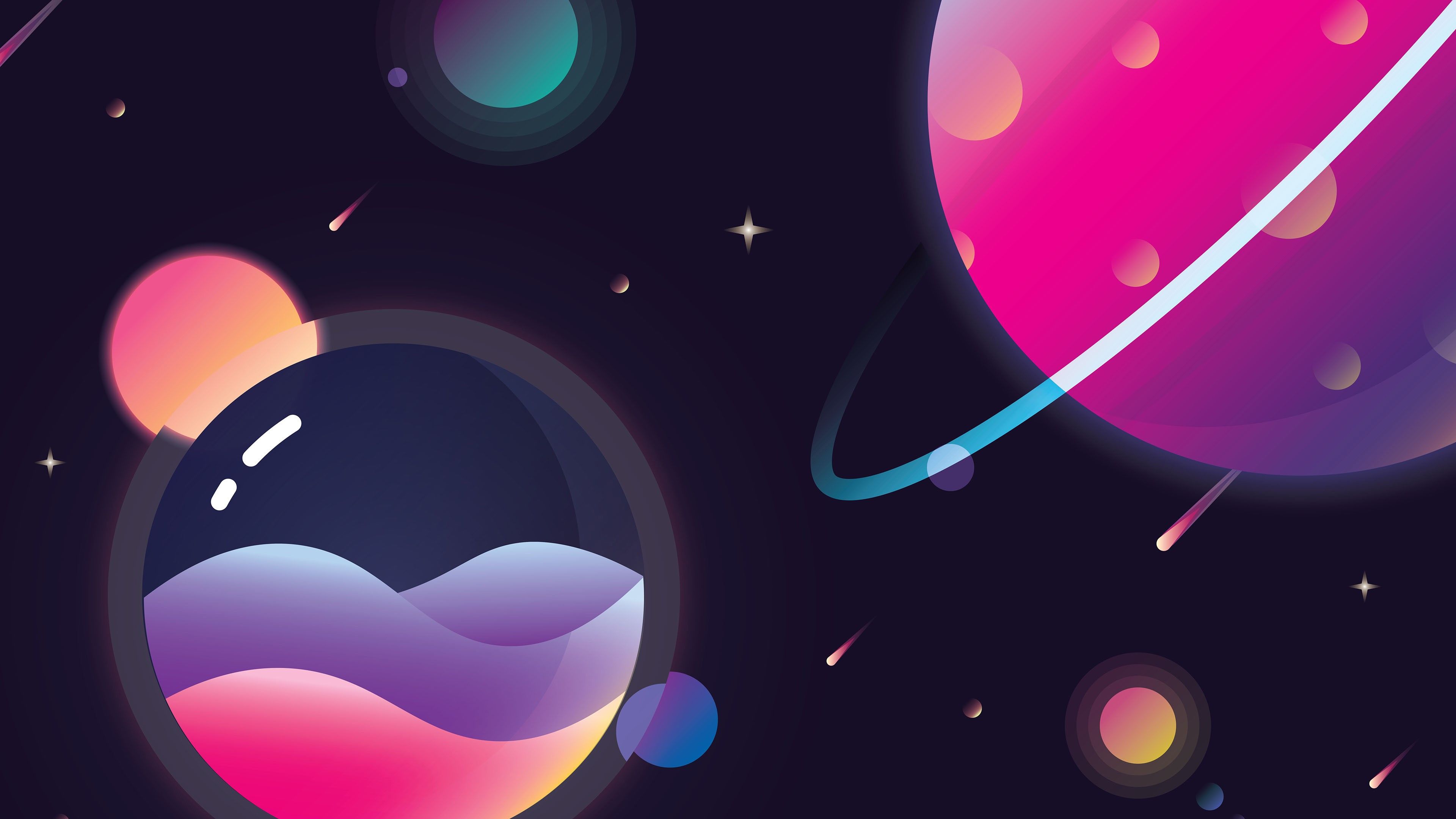 3840x2160 Wallpaper / digital, digital art, artwork, illustration, vector, vector art, vector graphics, minimalism, simple background, planet, Saturn, meteors, comet, space, spacescapes, space art, galaxy, stars, landscape, universe, nebula, gradient