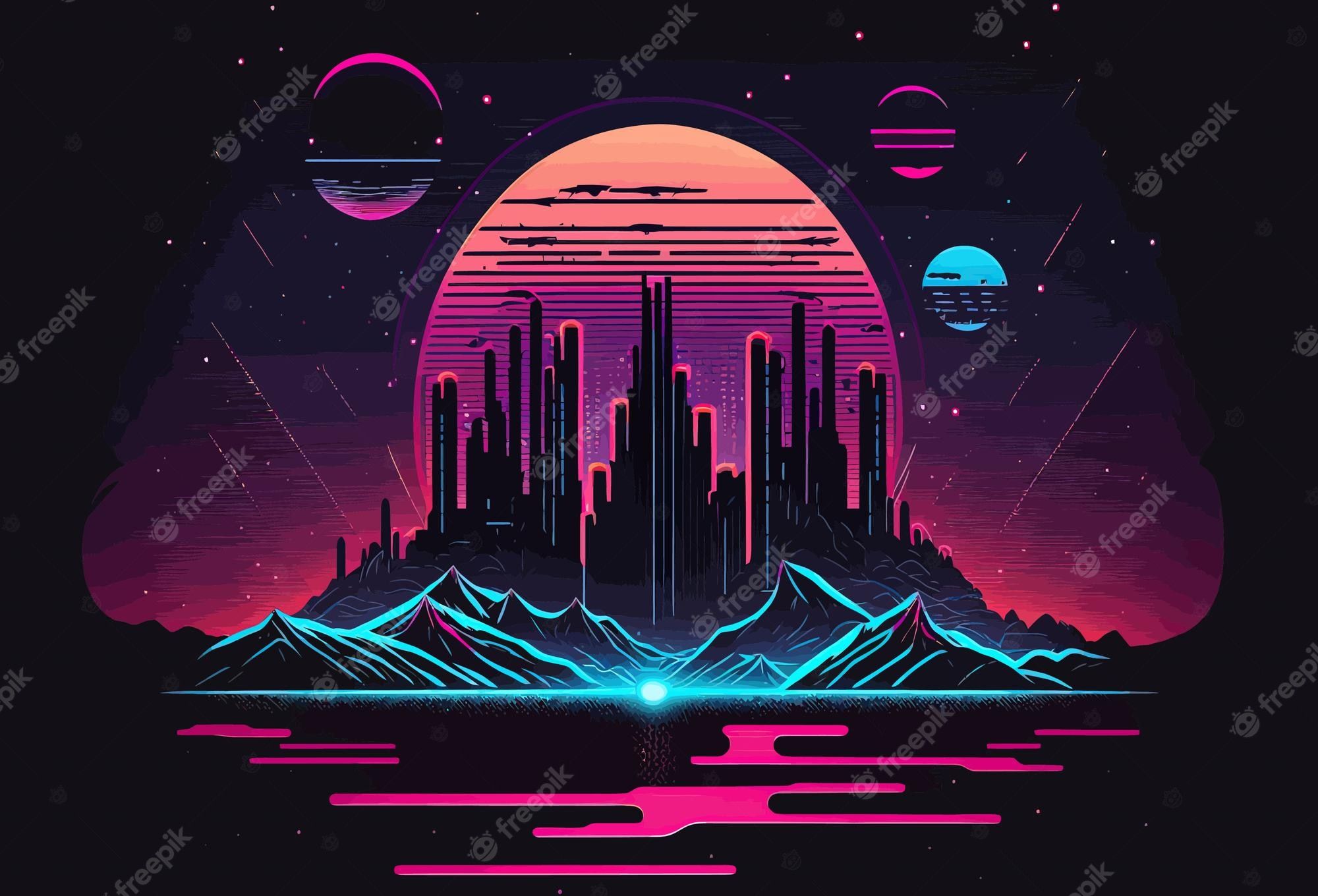 2000x1360 Premium Vector. Night city poster in neon style vintage wallpaper futuristic night city cyberpunk rocks landscape space game street futurism bright design creative concept vector illustration