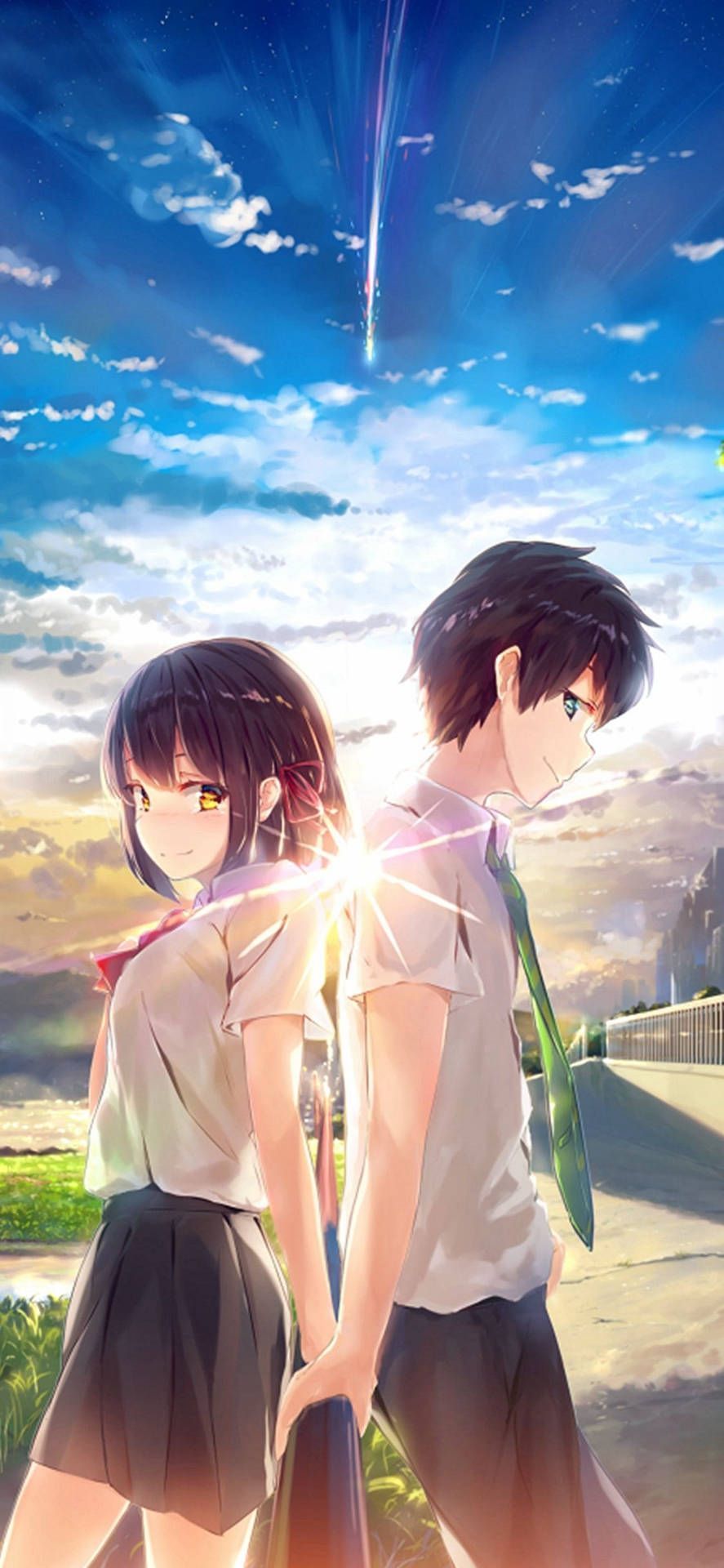 887x1920 Download Mitsuha And Taki Aesthetic Anime Couple Wallpaper