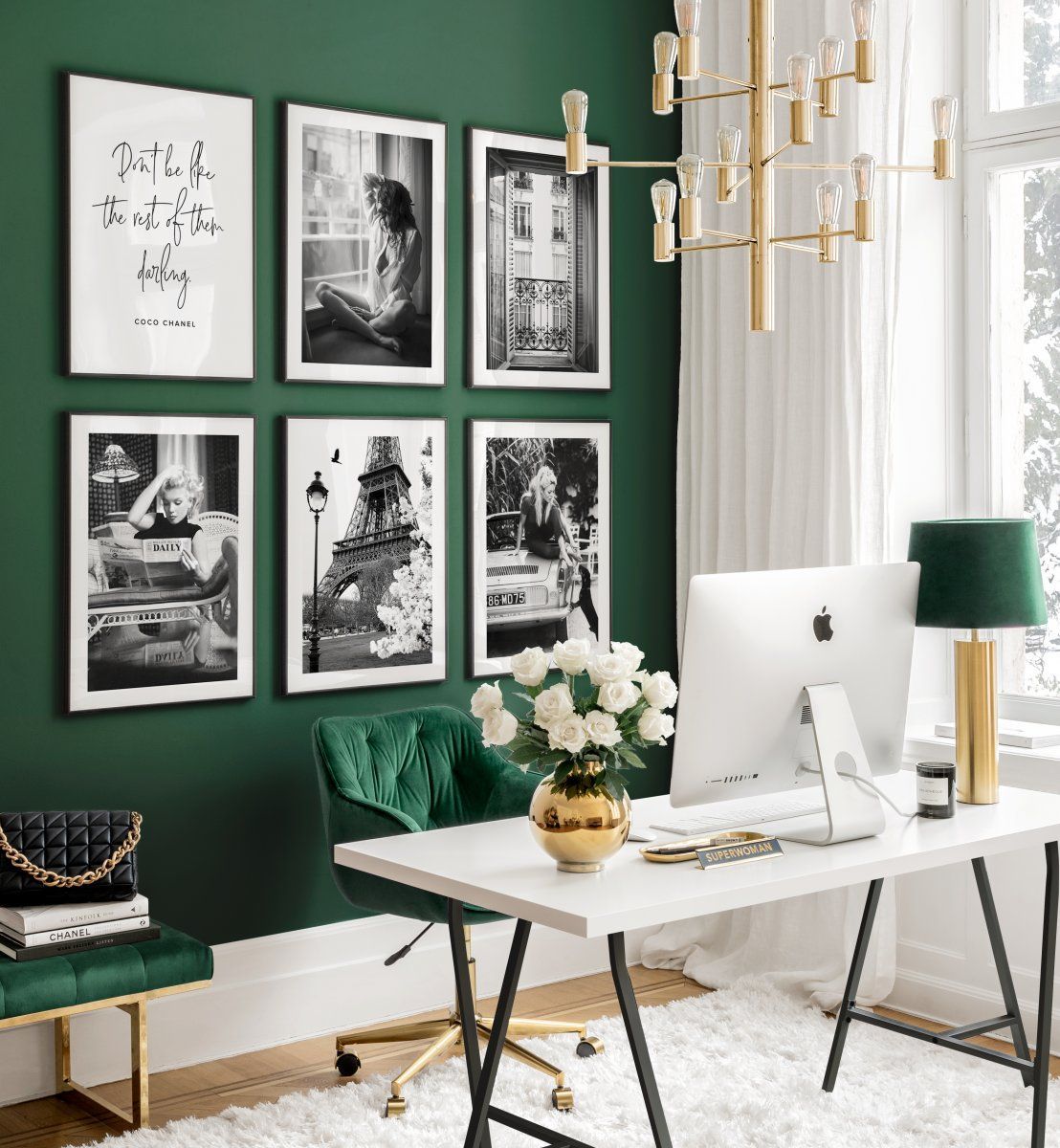 1108x1200 Black and white office gallery wall vintage posters home office decor