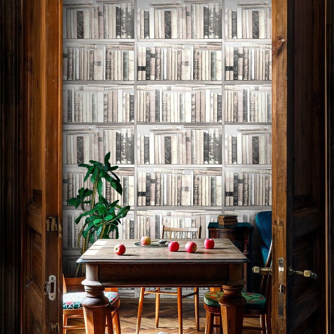 1080x1080 Vintage Books Wallpaper on White Bookcase Home Office Decor