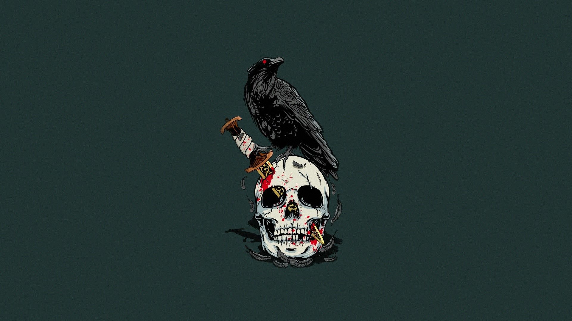 1920x1080 Wallpaper / birds, skull, artwork, simple background, raven, green, green background, blood, knife, teeth, animals, feathers free download