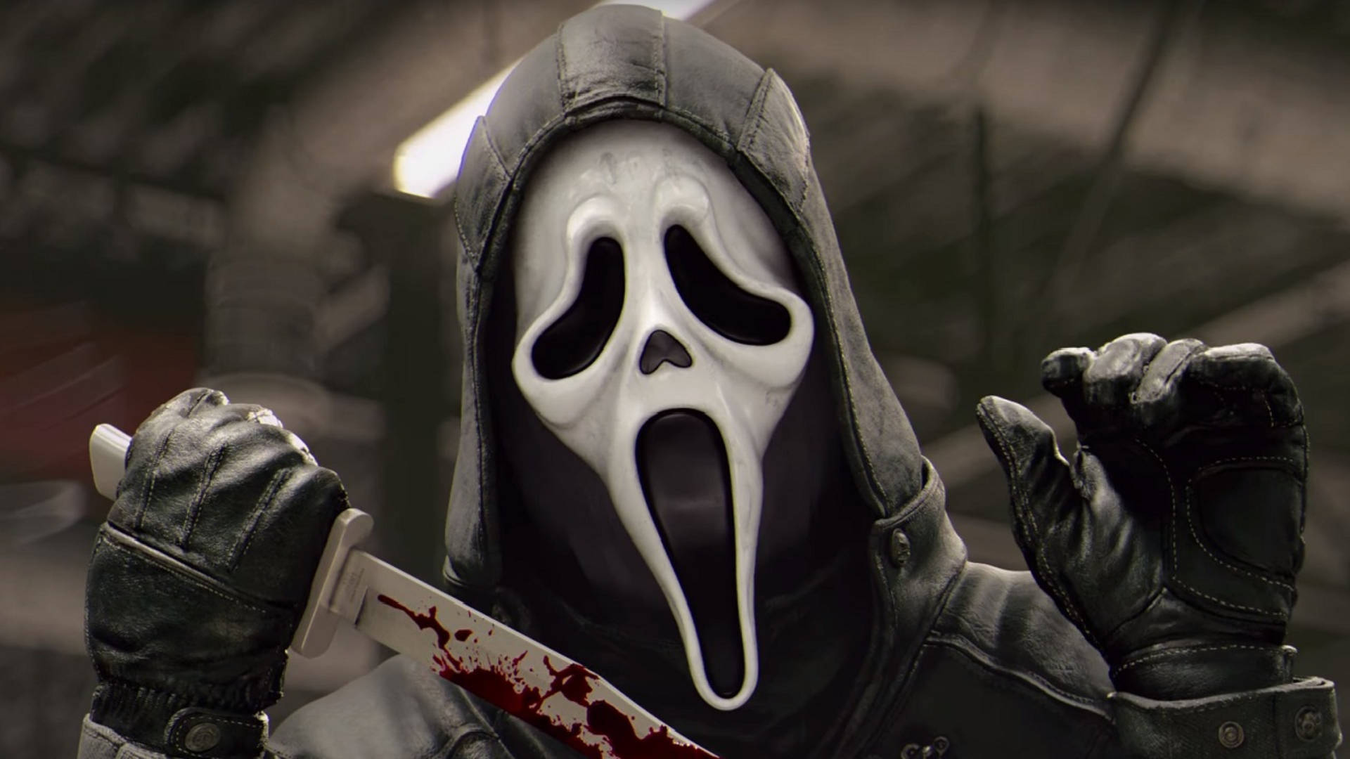 1920x1080 Download Terrifying Ghostface entity from Scream brandishing a bloody knife in a chilling scene Wallpaper