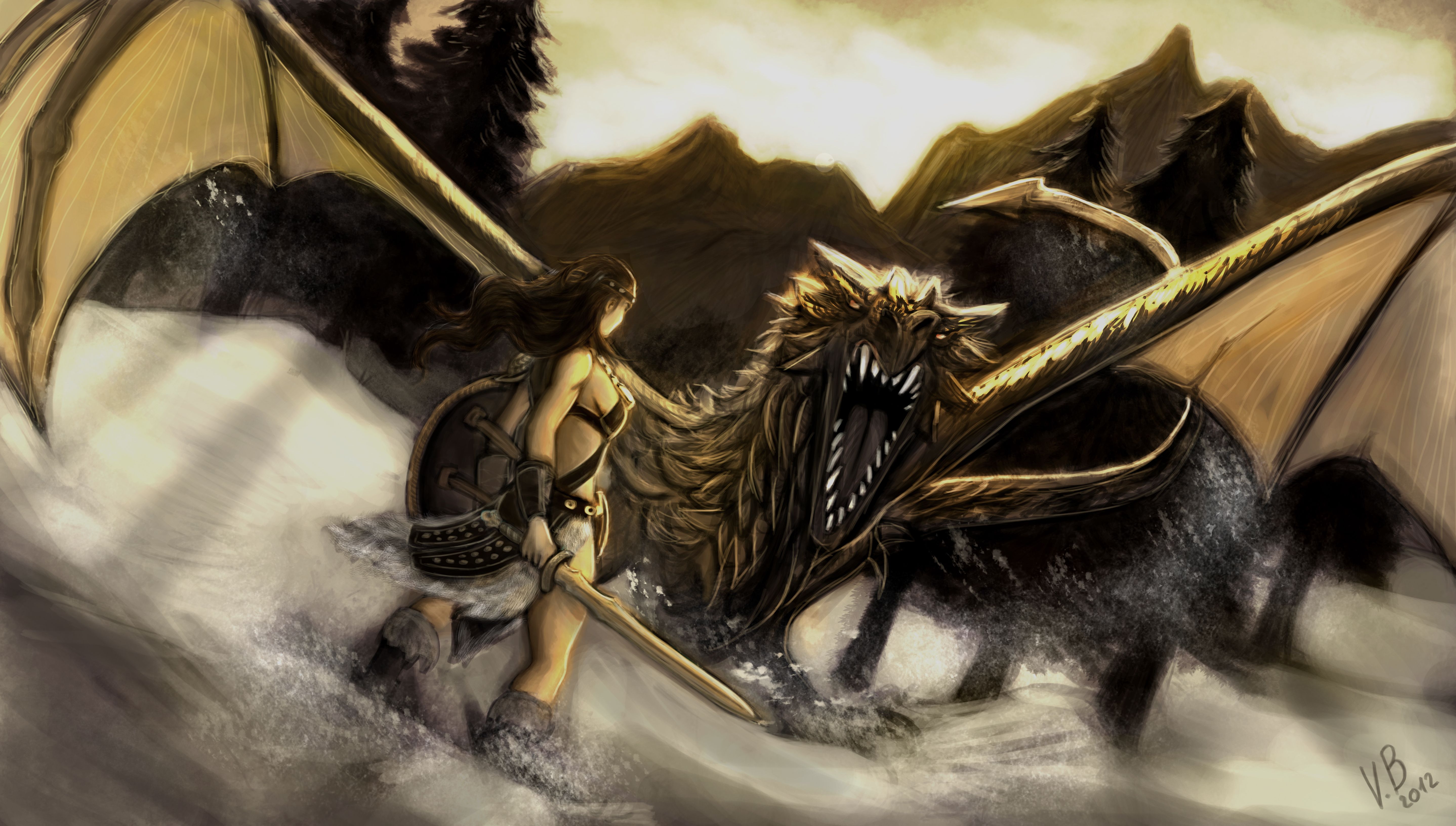 5753x3262 Manual resize of wallpaper girl, snow, mountains, dragon, sword, shield, Skyrim, Dovahkiin