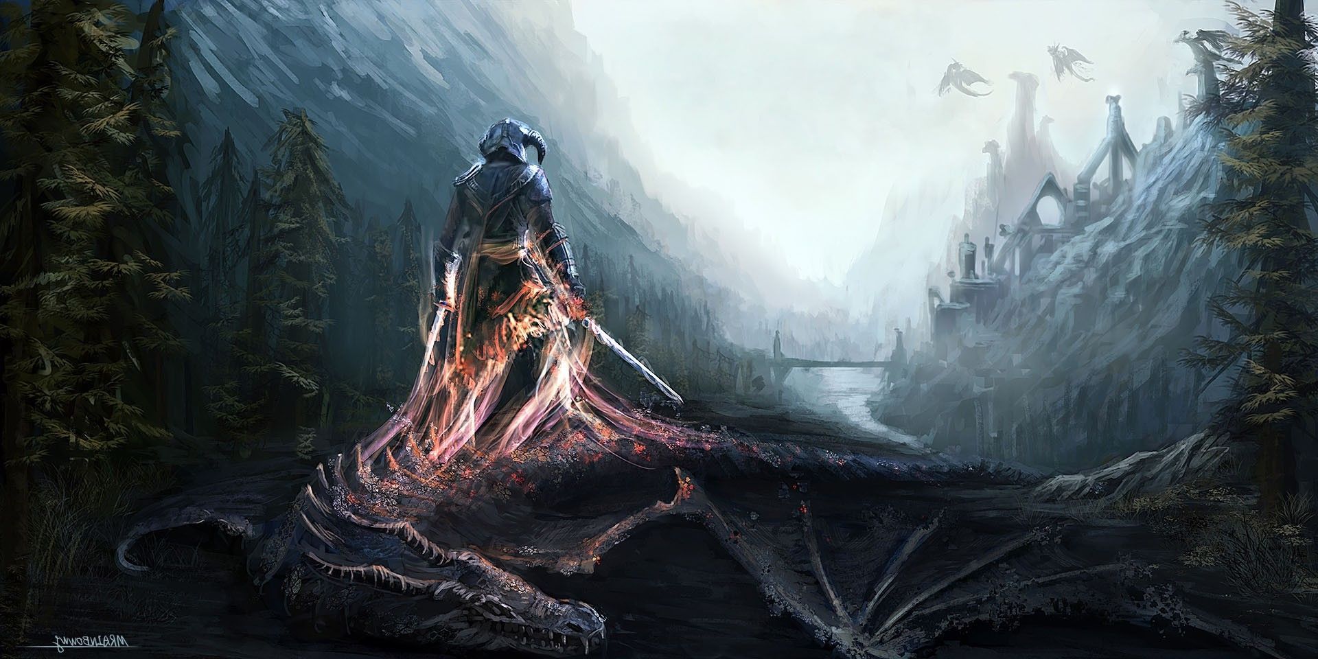 1920x960 dovahkiin, The Elder Scrolls V: Skyrim, Fan Art, Artwork, Fantasy Art, Dragon, Video Games, Warrior Wallpap. Skyrim wallpaper, Fantasy art, Elder scrolls v skyrim