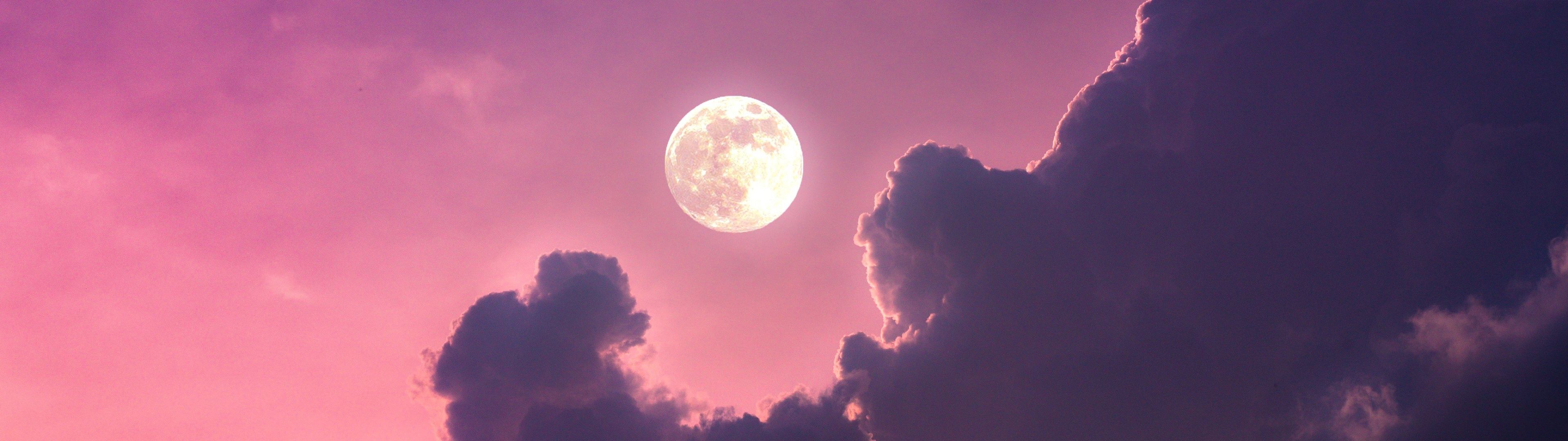 3840x1080 Full moon Wallpaper 4K, Aesthetic, Clouds, Pink sky