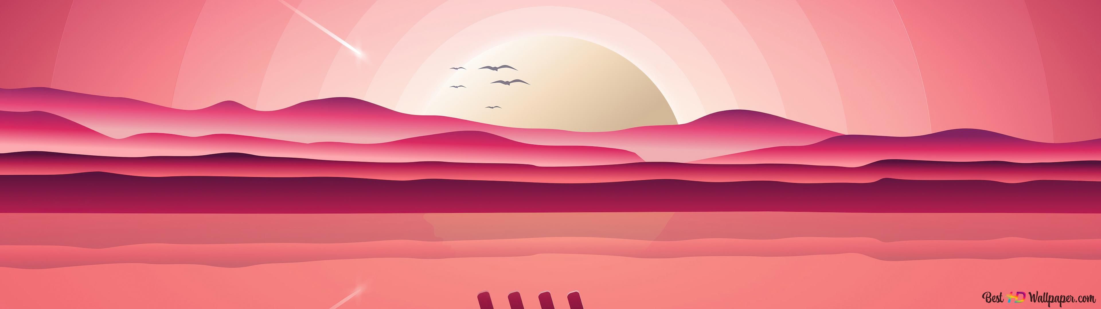 3840x1080 Artistic pink sunset wiew in lake 4K wallpaper download