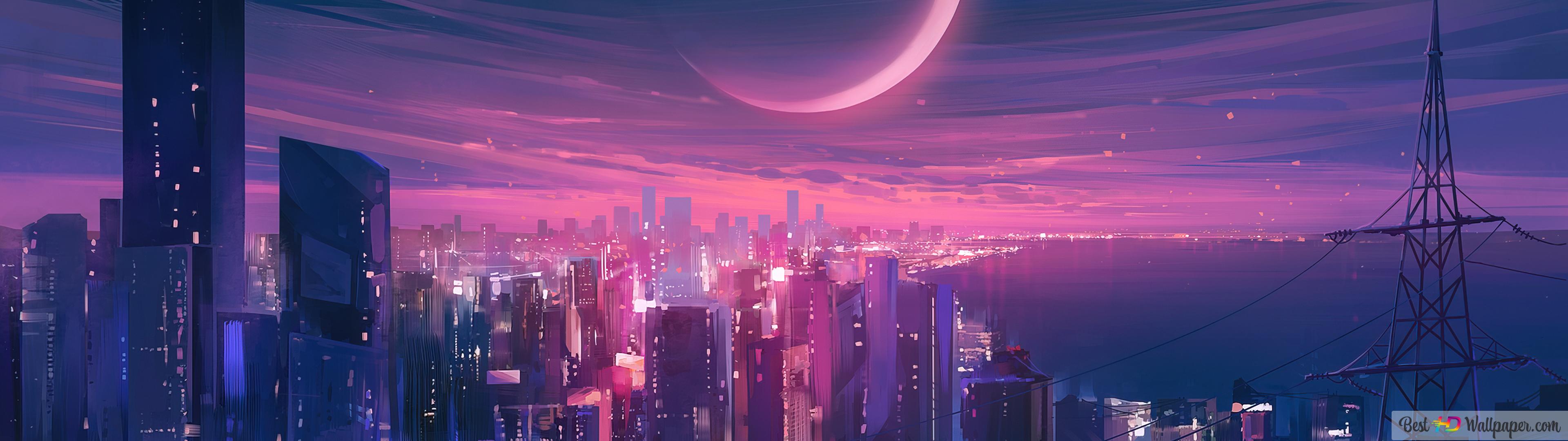 3840x1080 City Night Art 4K wallpaper download