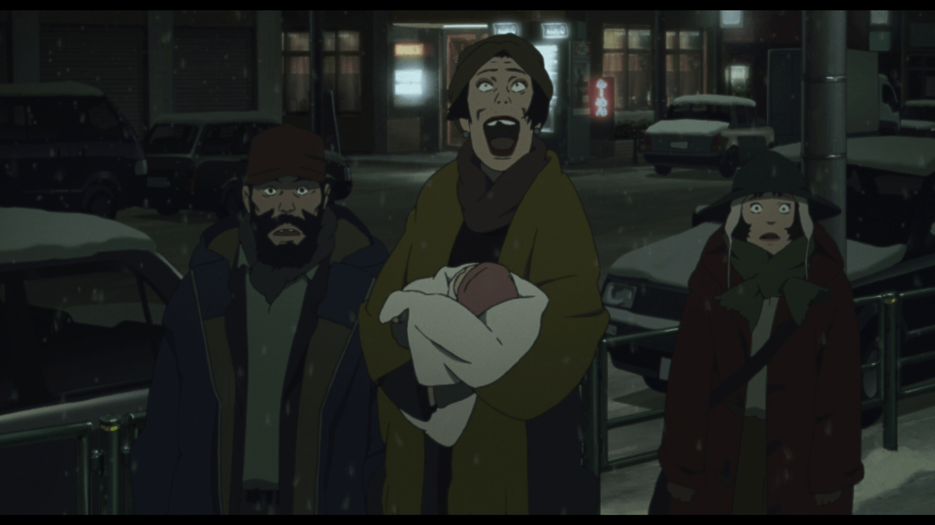 1920x1080 Vigour of Film Lines Godfathers (2003), dir. Satoshi Kon Three homeless people, like the three kings who came to Jesus, embark on a magical journey to find a child's