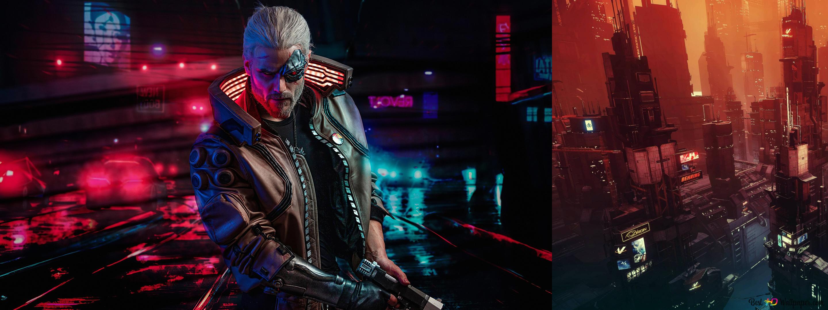 2880x1080 Cyber punk edited HD dual monitor 4K wallpaper download
