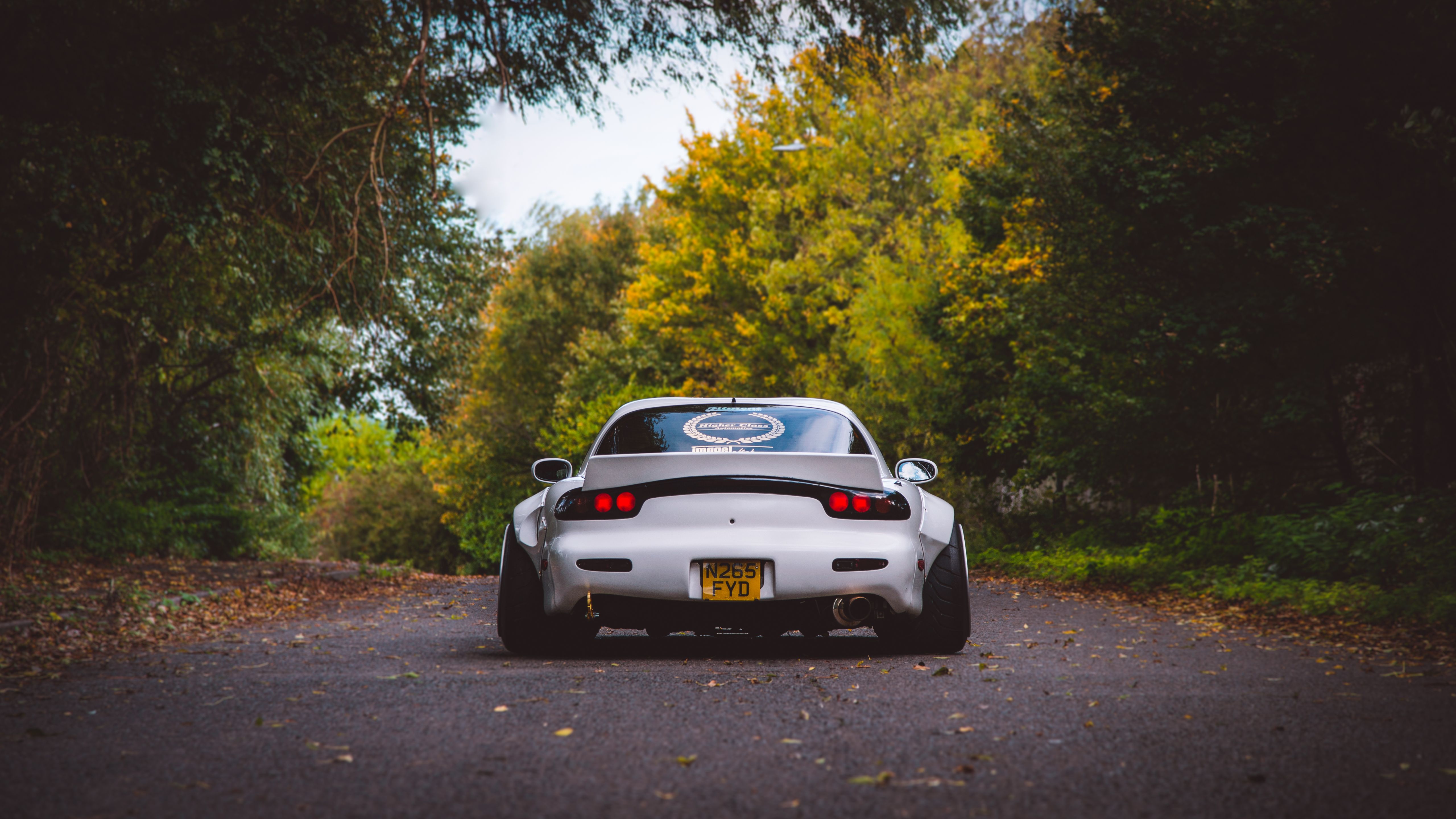 5120x2880 Mazda RX 7 Car Vehicle Tuning JDM Road Forest Trees Backlight White Cars Widebody Mazda Wallpaper:5120x2880