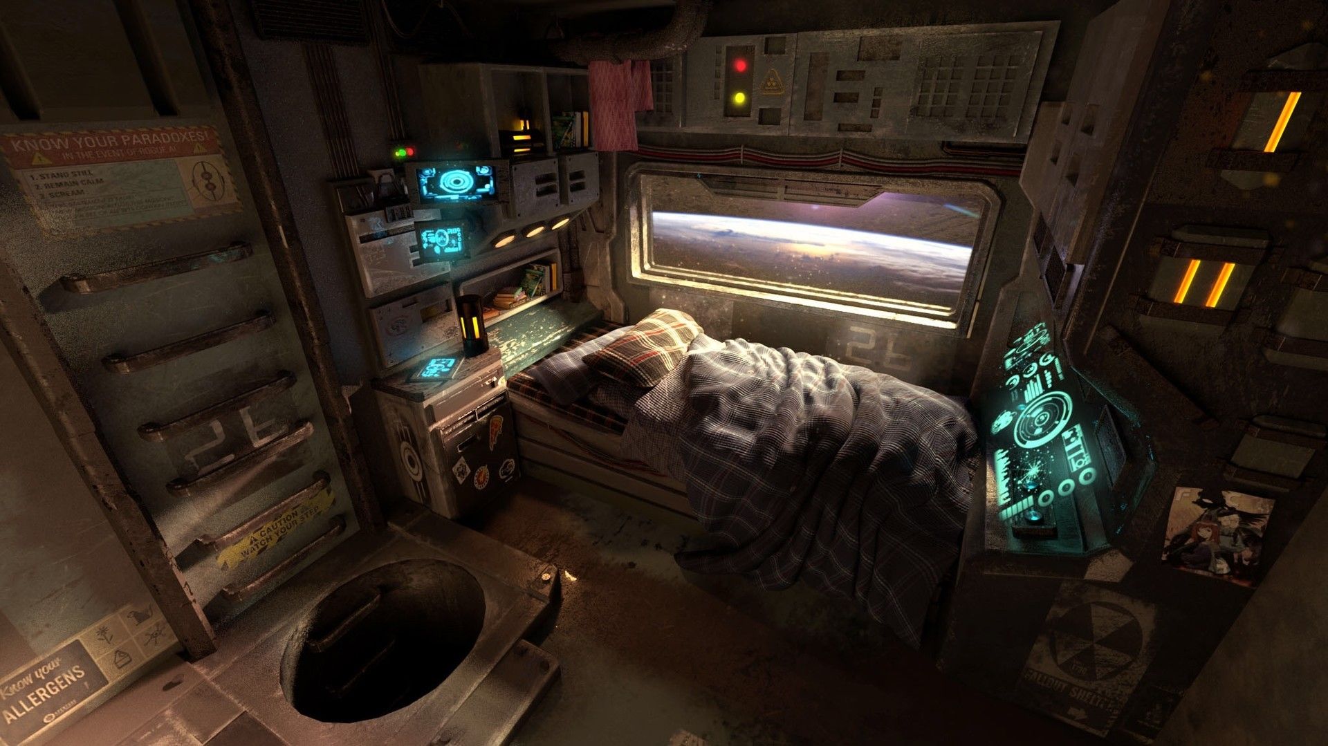 1920x1079 Wallpaper / digital art, artwork, science fiction, futuristic, bed, bedroom, space, interfaces free download