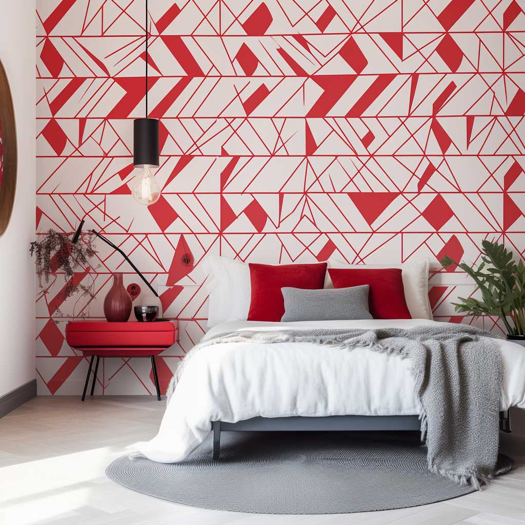 1024x1024 Red Geometric Wallpaper Igniting Energy in a Modern Bedroom