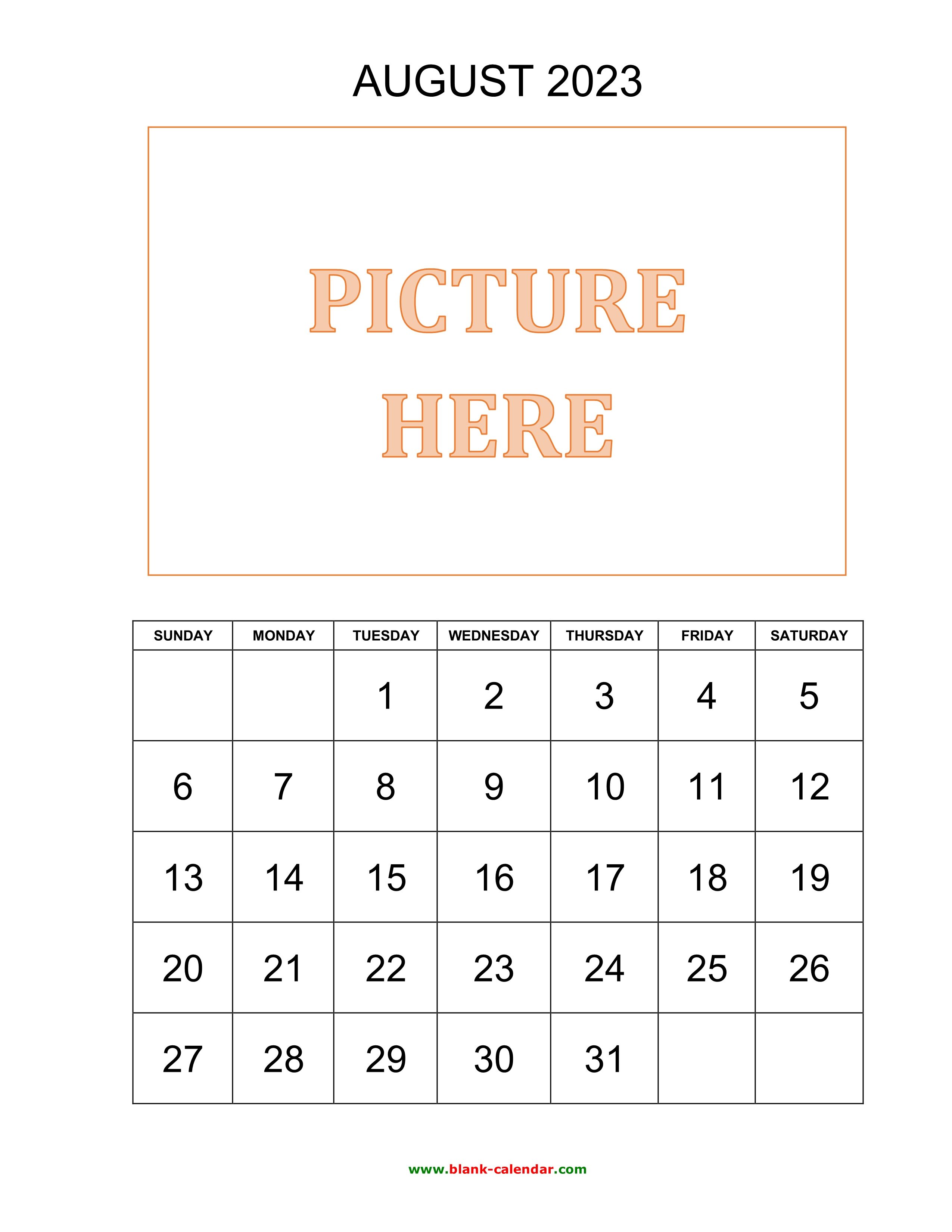 2550x3300 Free Download Printable August 2023 Calendar, picture can be placed