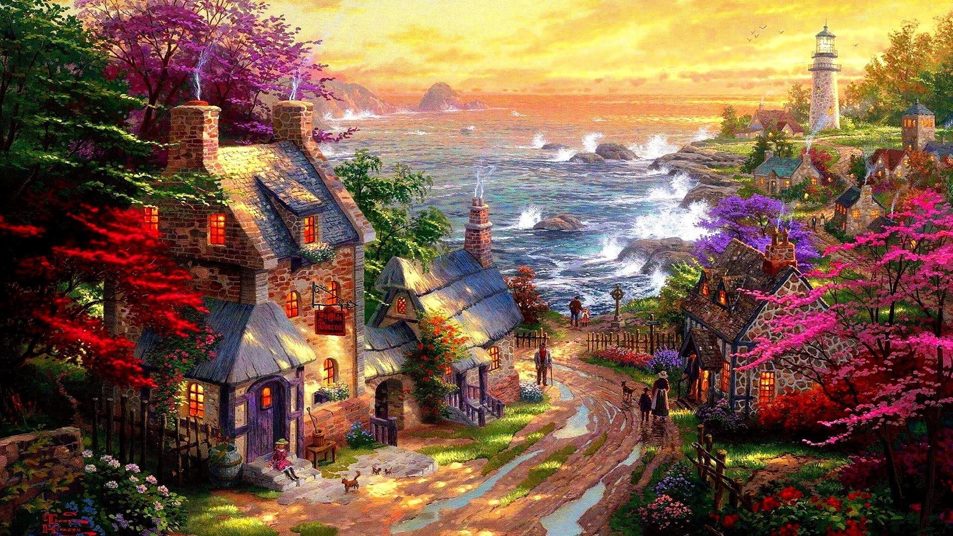1920x1080 evening #lighthouse #storm #spring #artwork #village acrylic paint #sky #landscape #painting #houses #tree #impressionist. Thomas kinkade, Sea painting, Painting
