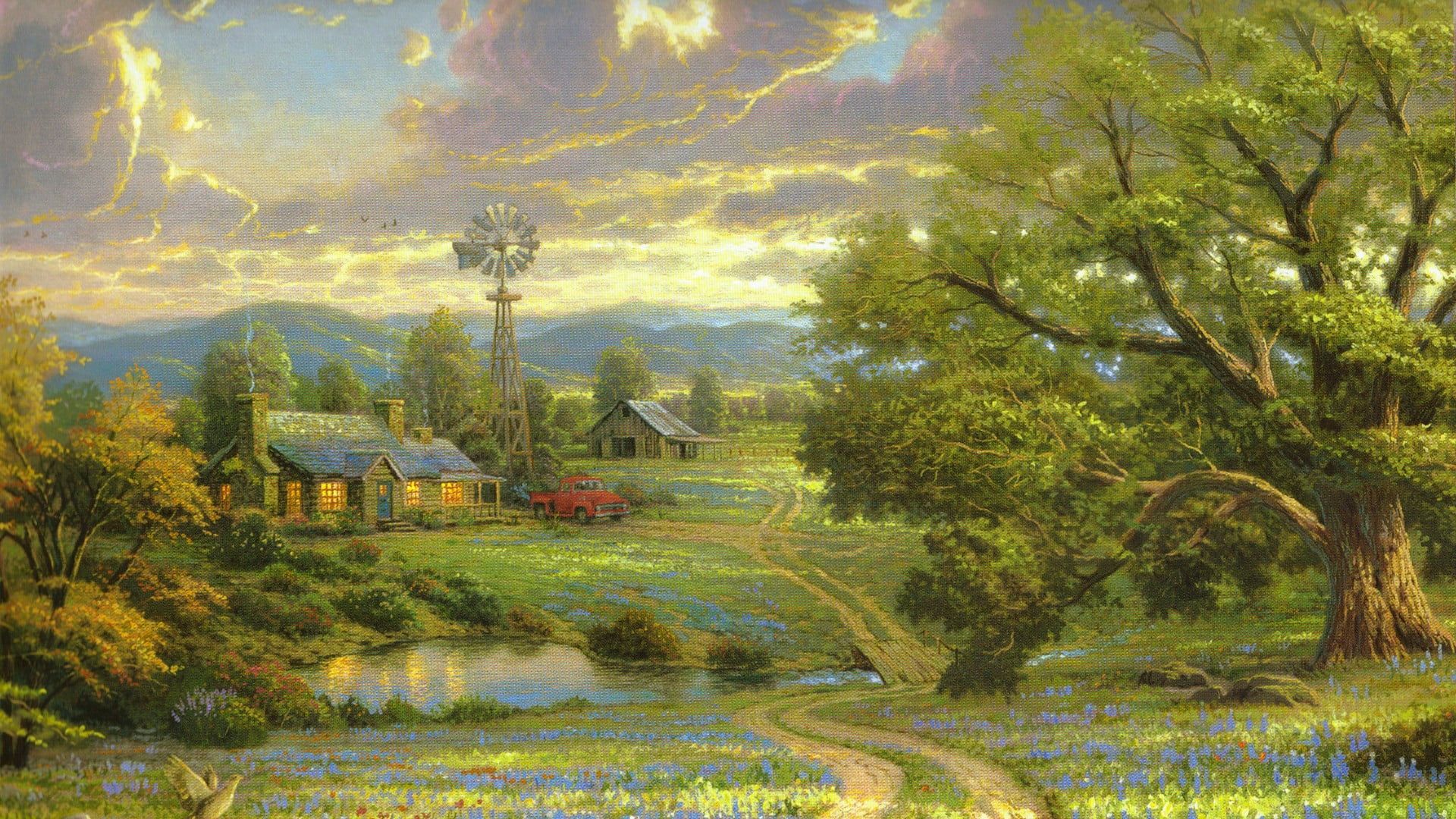 1920x1080 tree farm house #village #farm #farmhouse #countryside #sunlight #impressionist #sky #morning #nature rural. Theatrical scenery, Thomas kinkade art, Tree artwork