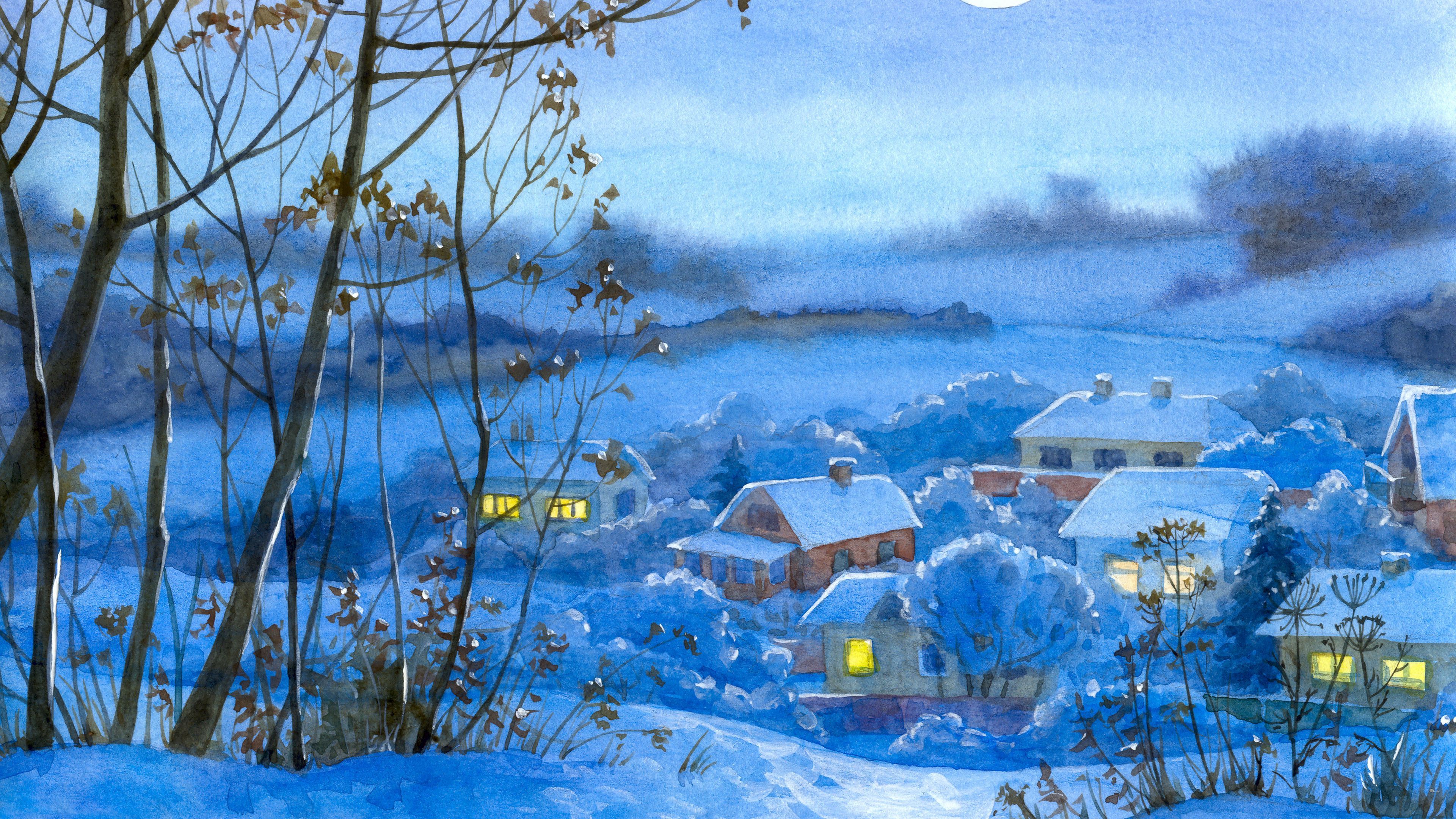 3840x2160 Wallpaper / painting, winter, village, home, night, month, snow, 4k free download