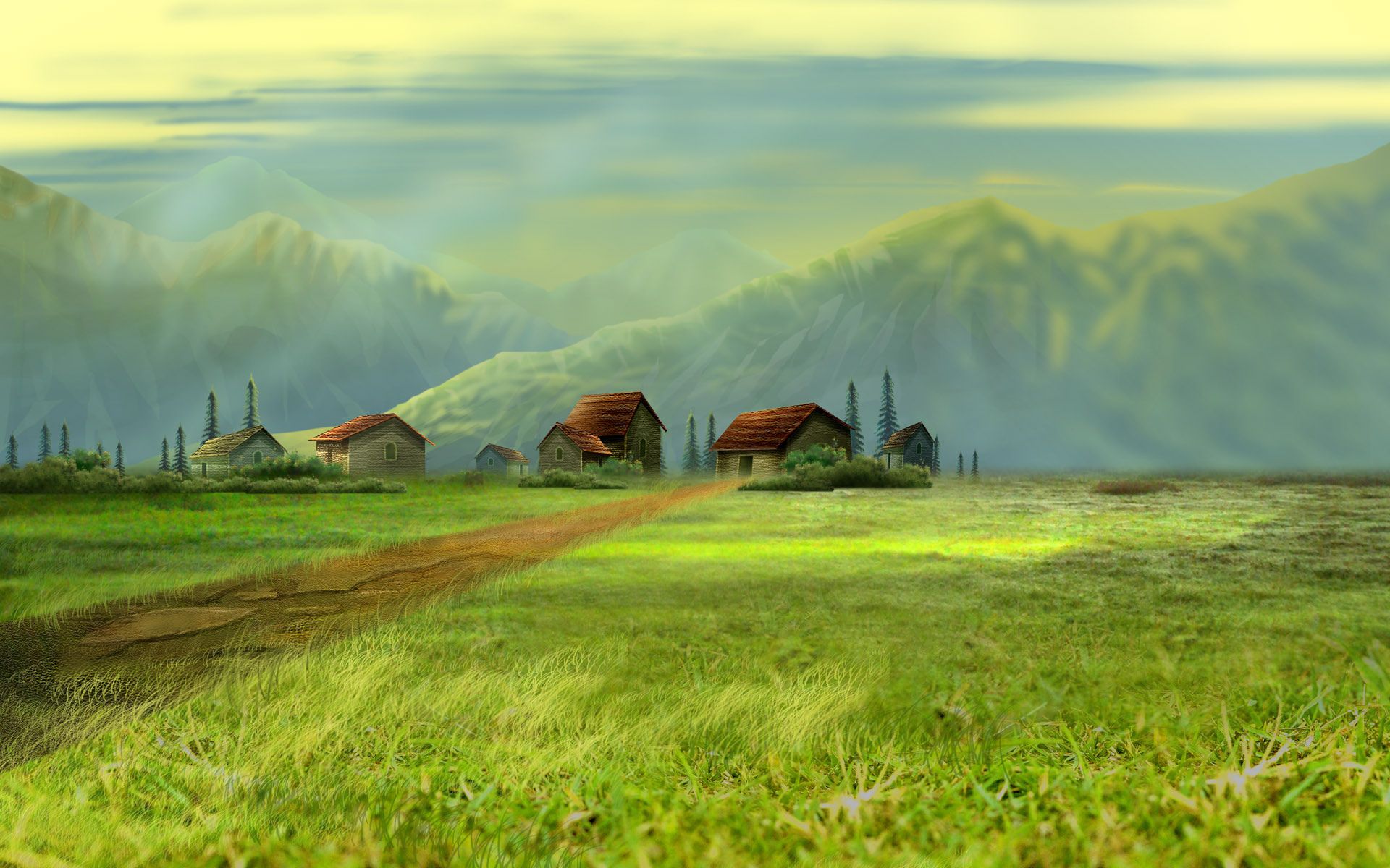 1920x1200 art, Painting, Rustic, Architecture, Buildings, Houses, Village, Mountains, Spring, Sky