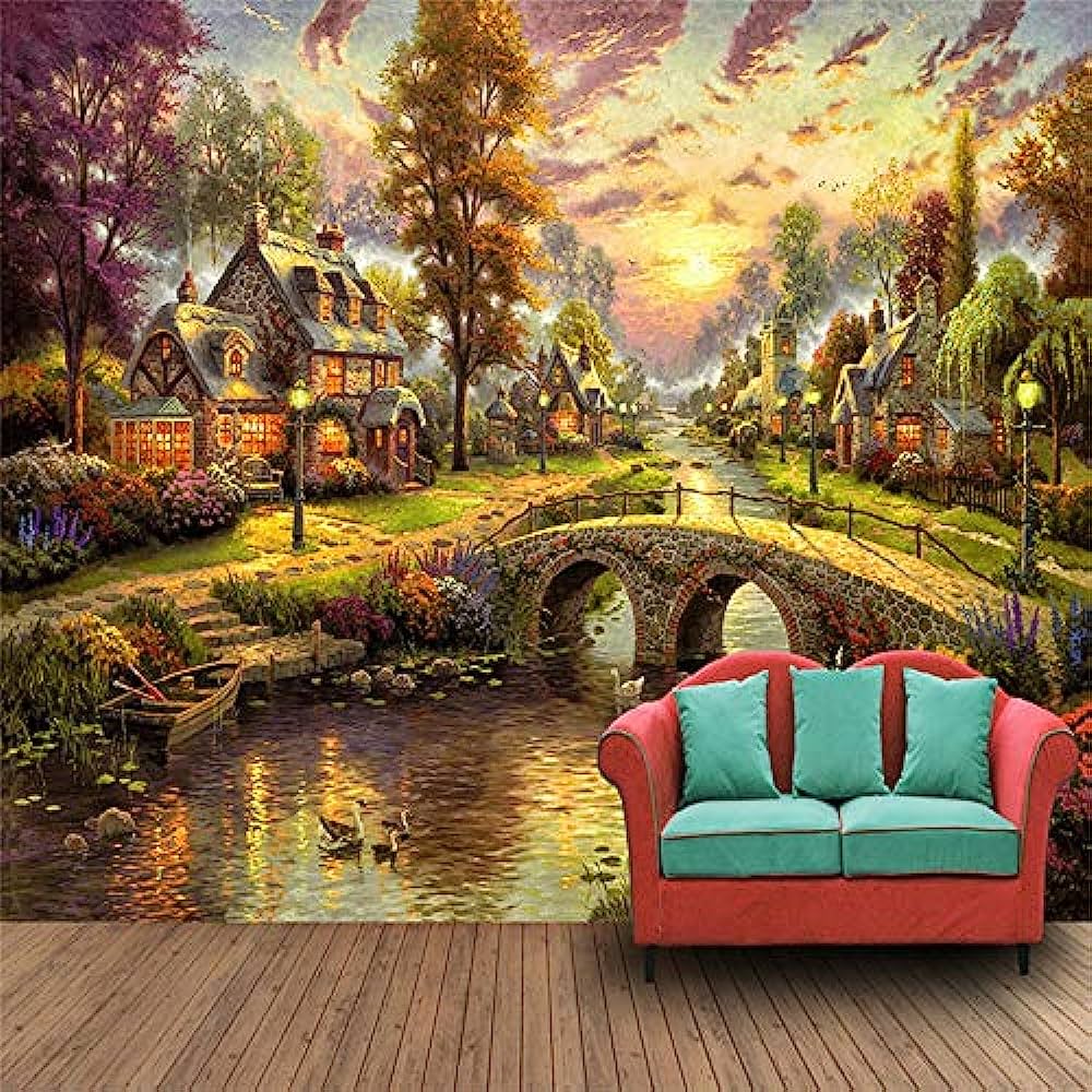 1000x1000 European Style Village Forest House Night Scene Pil Painting TV Wall 3D Wall Murals Photo Wallpaper Living Room Papel De Parede 280X180CM: Buy Online At Best Price In UAE